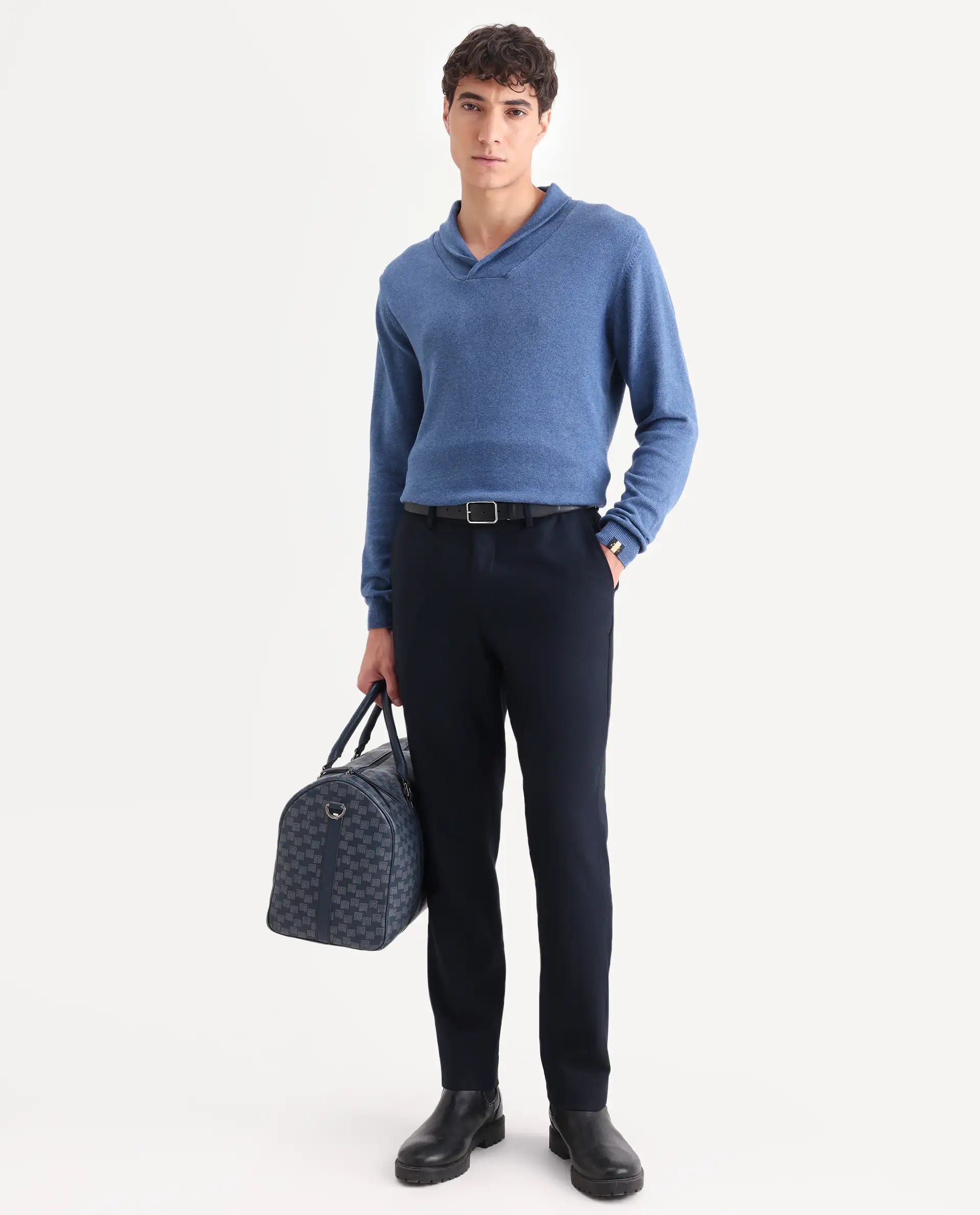 Rare Rabbit Men's Denvy Blue Cotton Plain Regular Fit Full Sleeve Shawl Neck Sweater