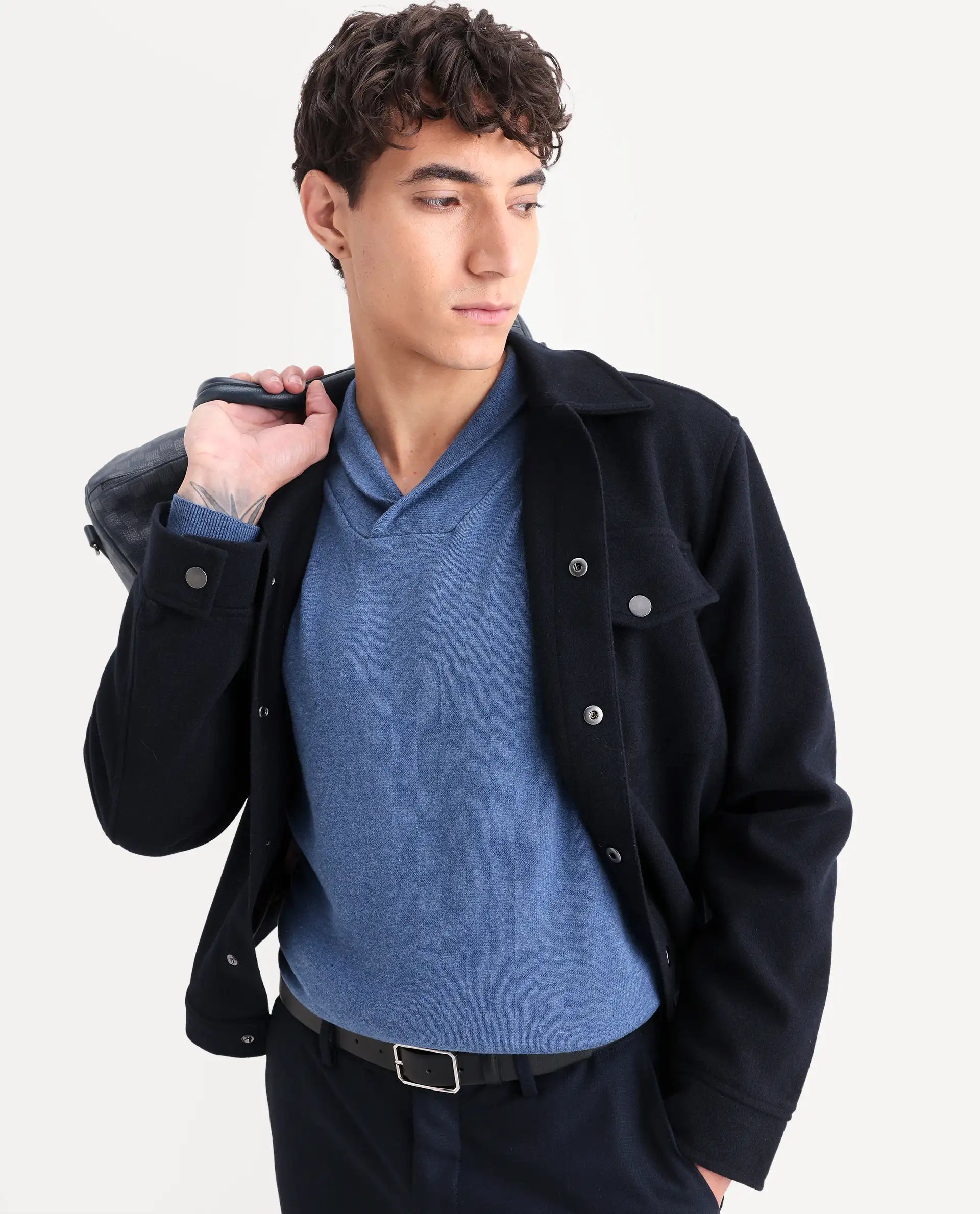 Rare Rabbit Men's Denvy Blue Cotton Plain Regular Fit Full Sleeve Shawl Neck Sweater
