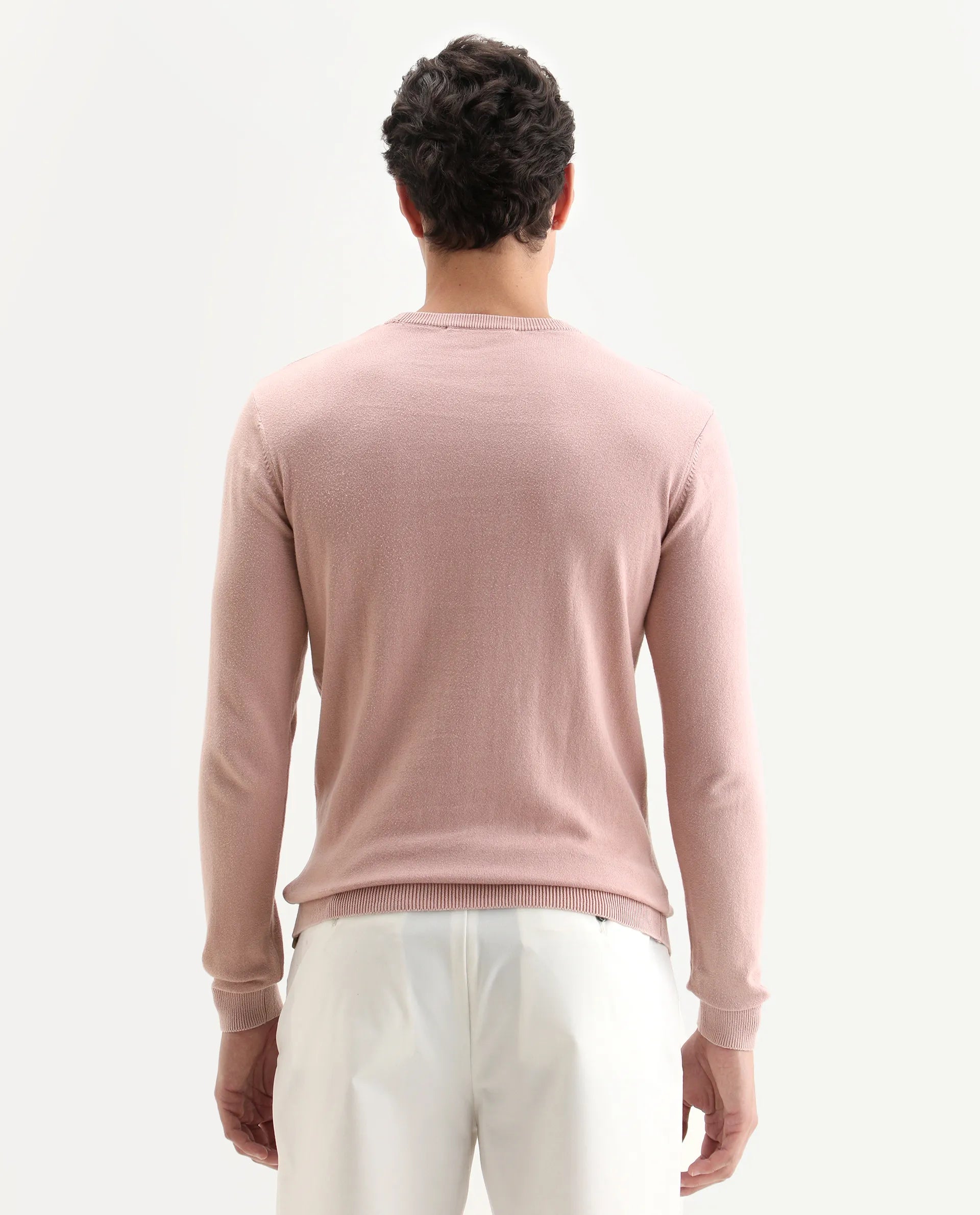 Rare Rabbit Men's Alba Pink Cotton Plain Slim Fit Full Sleeve Crew Neck Sweater