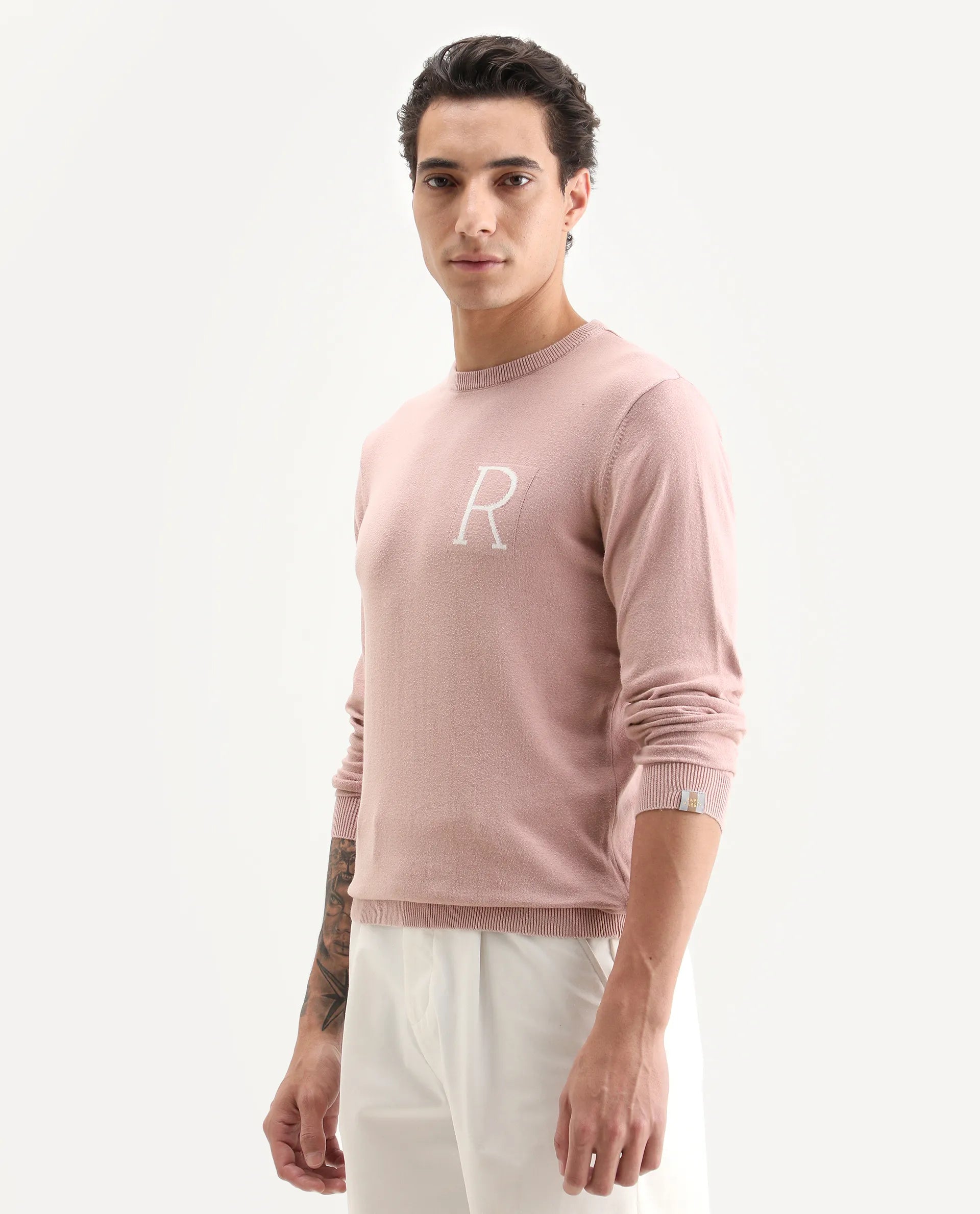 Rare Rabbit Men's Alba Pink Cotton Plain Slim Fit Full Sleeve Crew Neck Sweater
