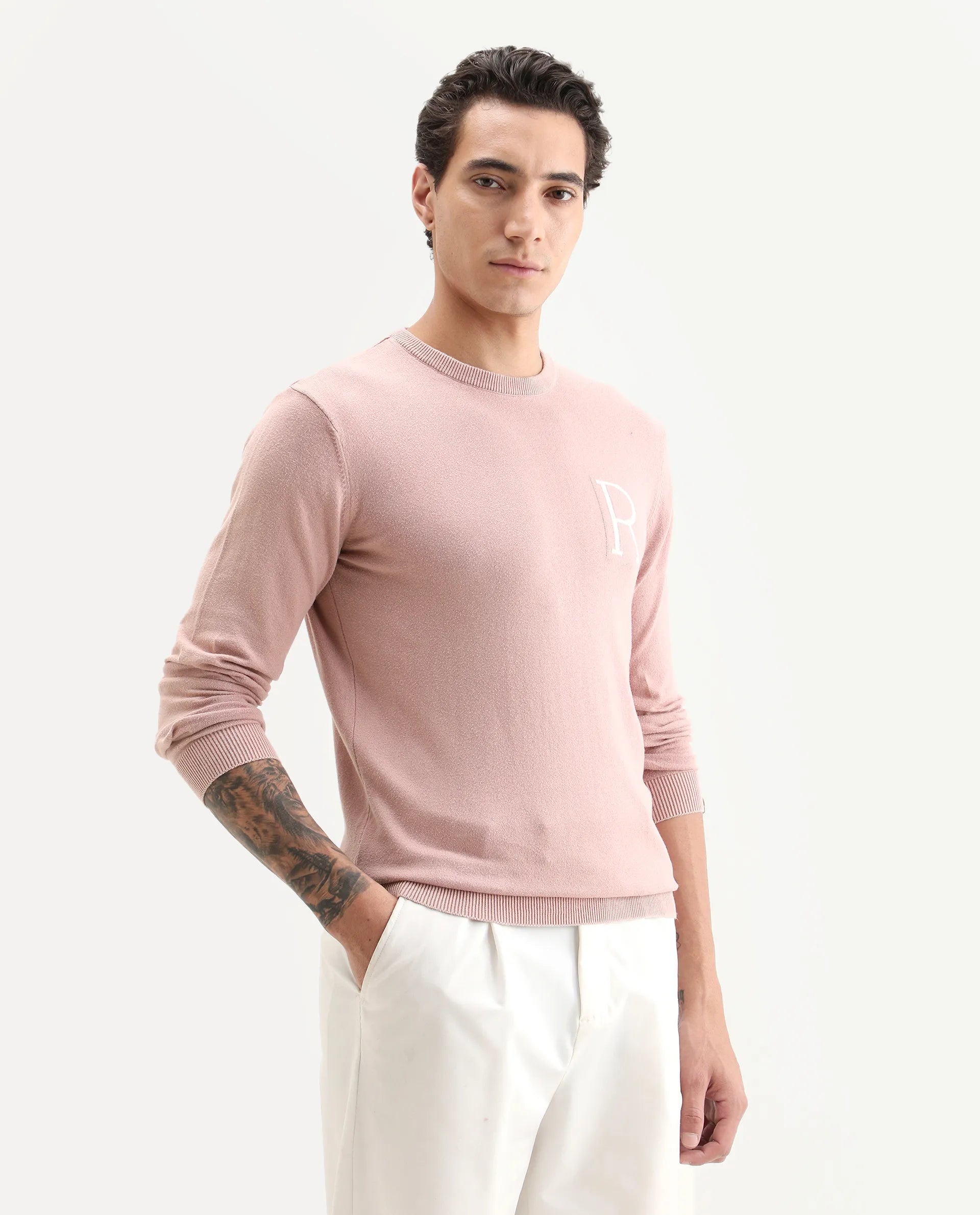 Rare Rabbit Men's Alba Pink Cotton Plain Slim Fit Full Sleeve Crew Neck Sweater