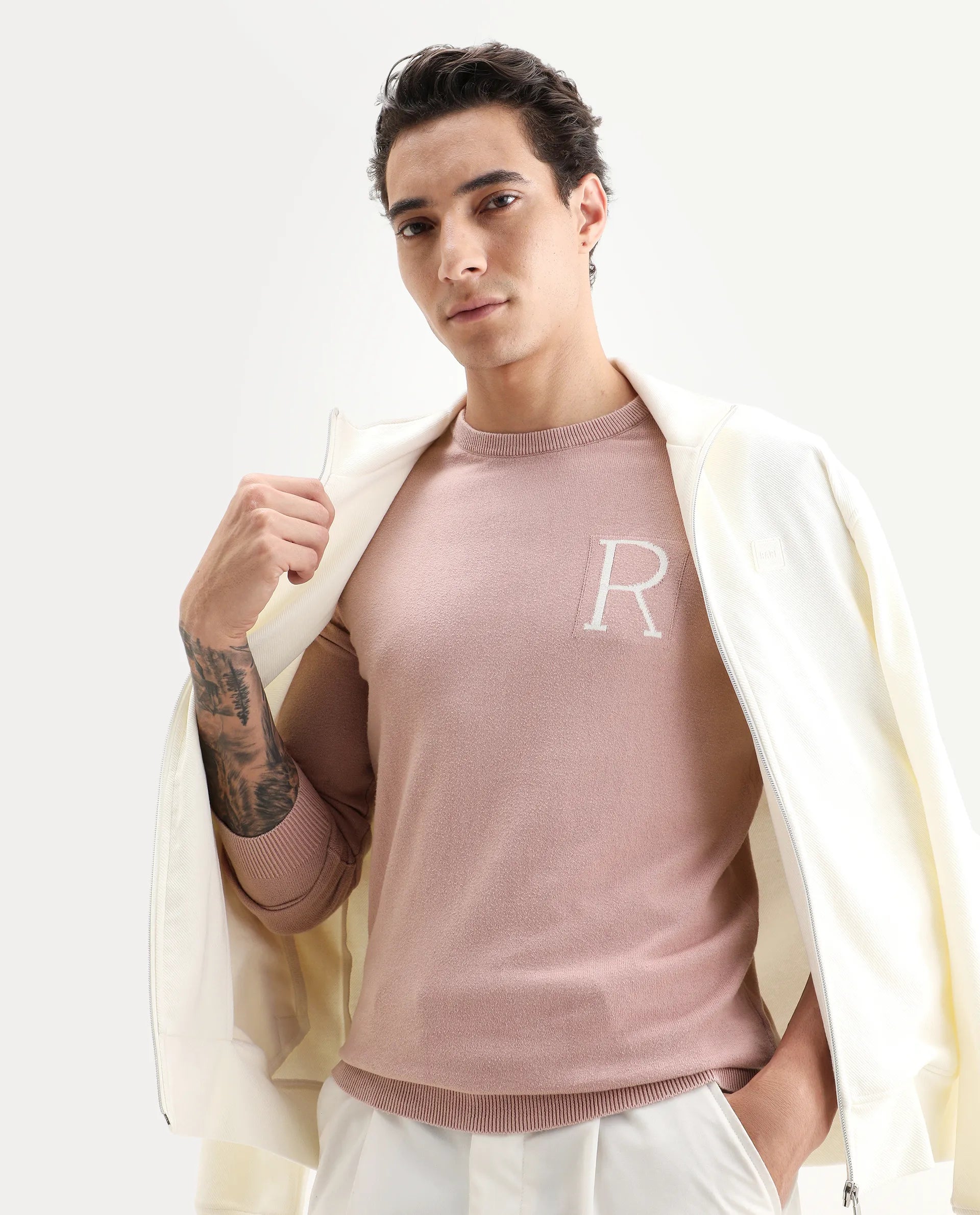Rare Rabbit Men's Alba Pink Cotton Plain Slim Fit Full Sleeve Crew Neck Sweater