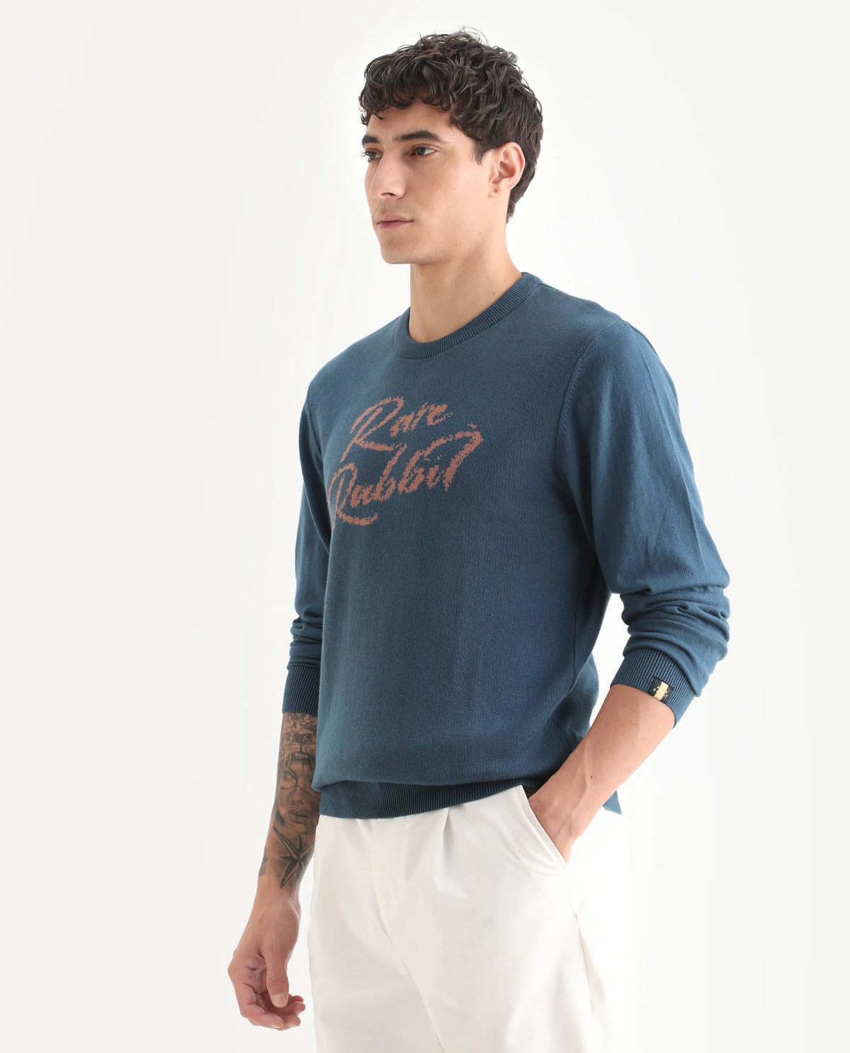 Rare Rabbit Men's Teedo Navy Jacquard Slim Fit Full Sleeve Crew Neck Sweater