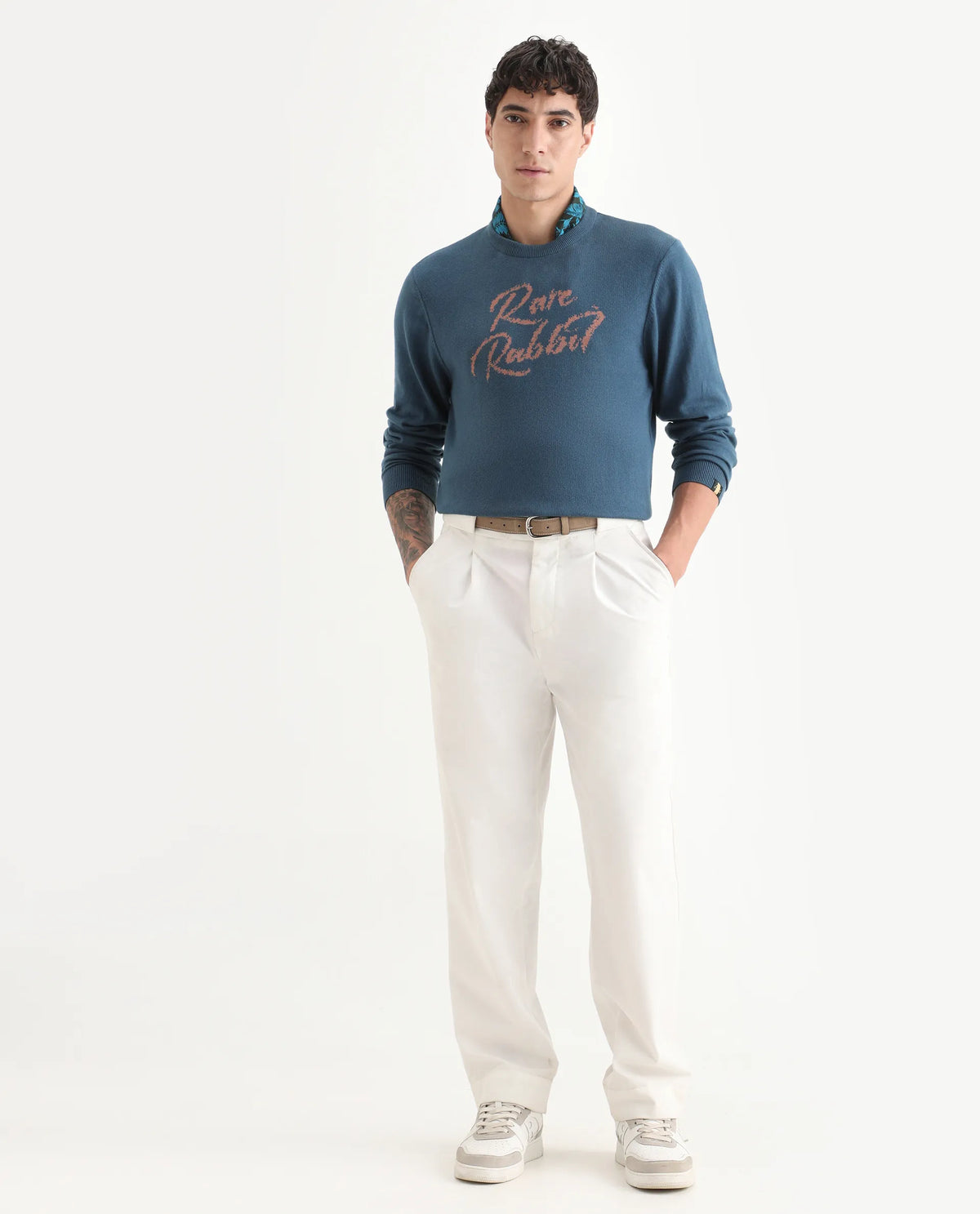 Rare Rabbit Men's Teedo Navy Jacquard Slim Fit Full Sleeve Crew Neck Sweater