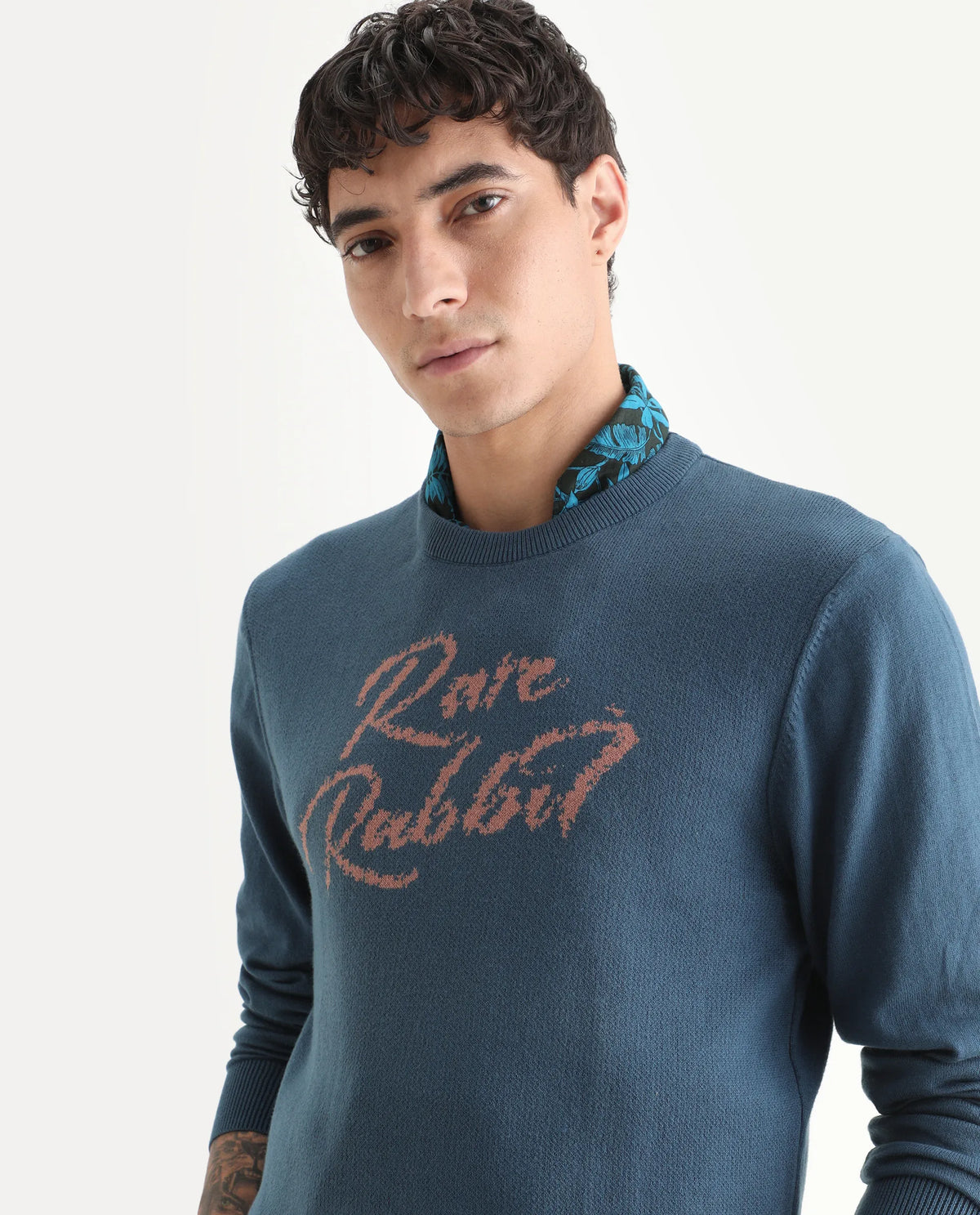 Rare Rabbit Men's Teedo Navy Jacquard Slim Fit Full Sleeve Crew Neck Sweater
