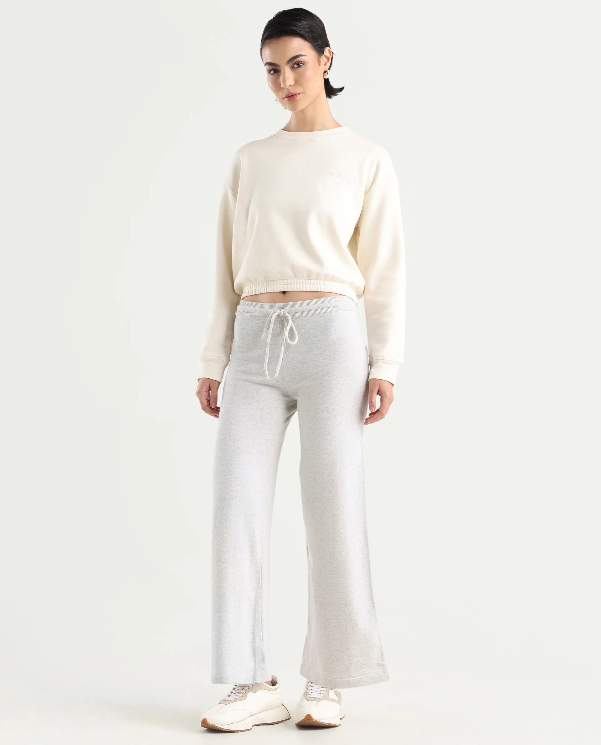 Rareism Women's Finn Track Offwhite Cotton Plain Ankle Length Flared Track Pant