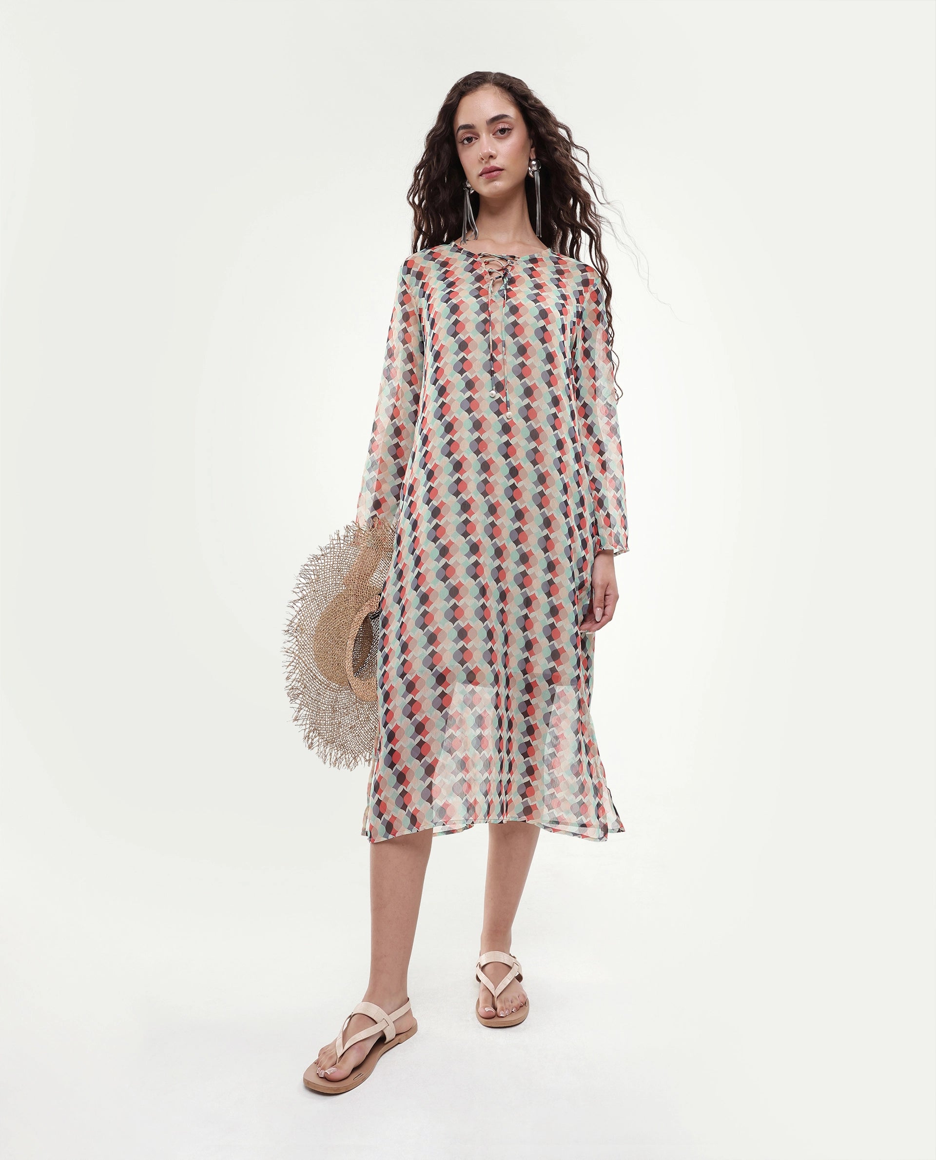 Rareism Women's Mirun Multi Tie-Up Neck Abstract Print Knee Length Regular Fit Dress