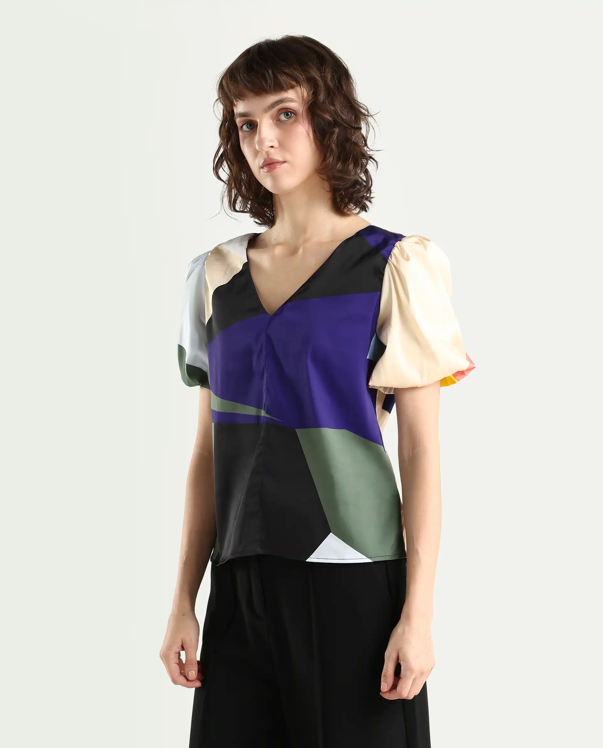 Rareism Women's Valve Multi Modal V-Neck Abstract Print Puff Sleeves Crop Relaxed Fit Top