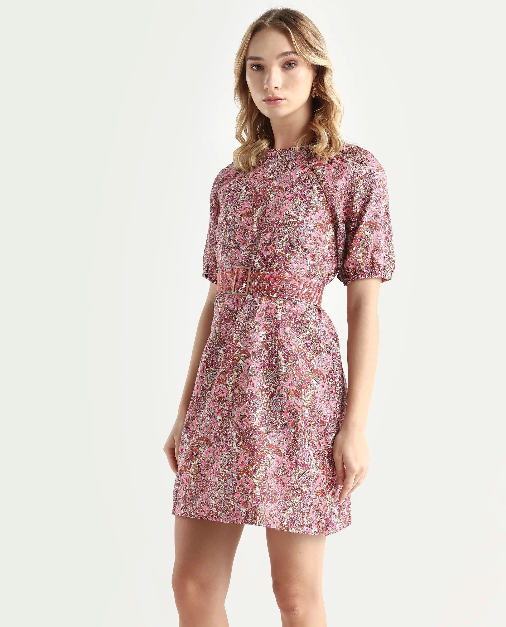 Rareism Women's Palesa Pink High Neck Printed Puff Sleeves Knee Length Regular Fit Dress