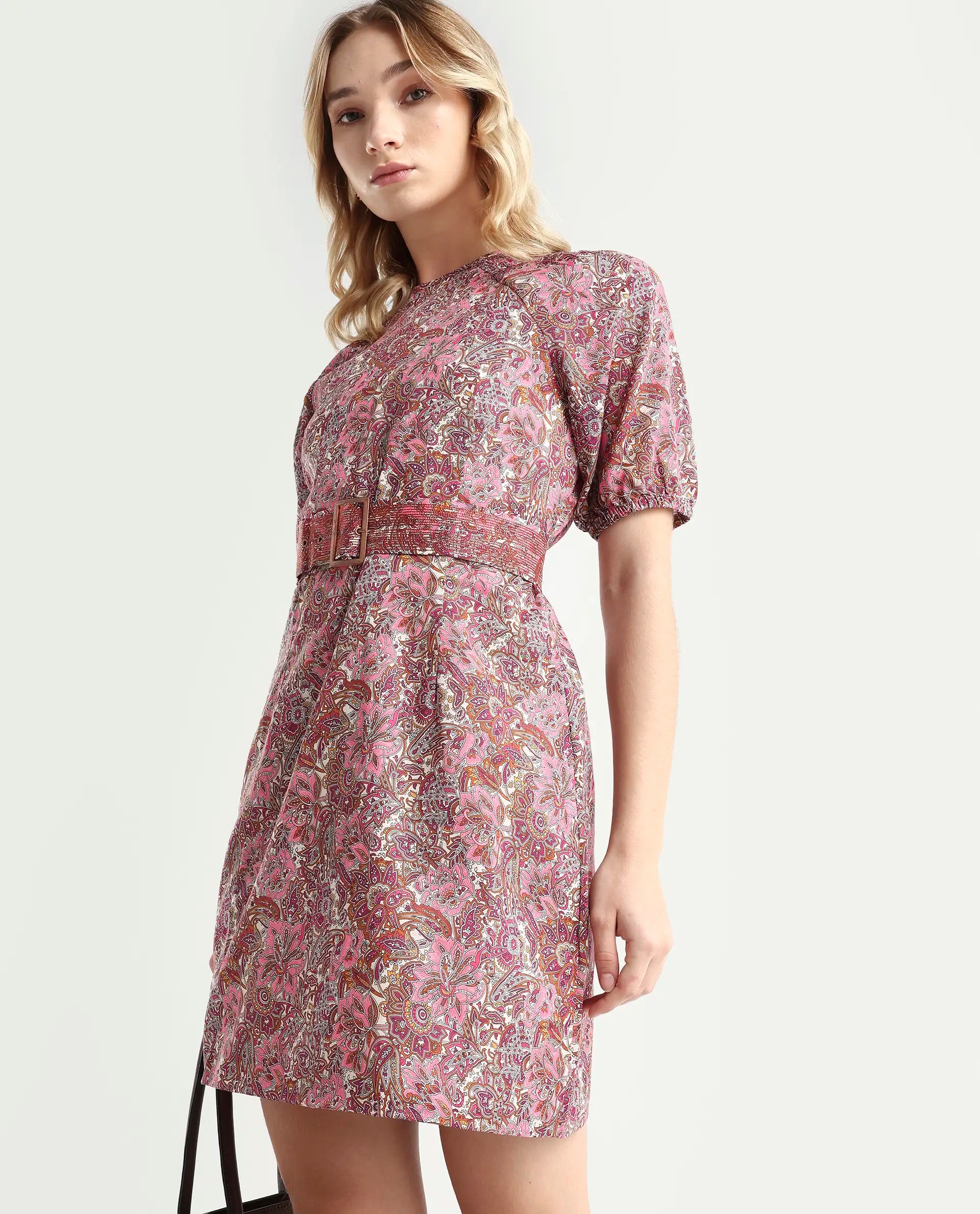 Rareism Women's Palesa Pink High Neck Printed Puff Sleeves Knee Length Regular Fit Dress