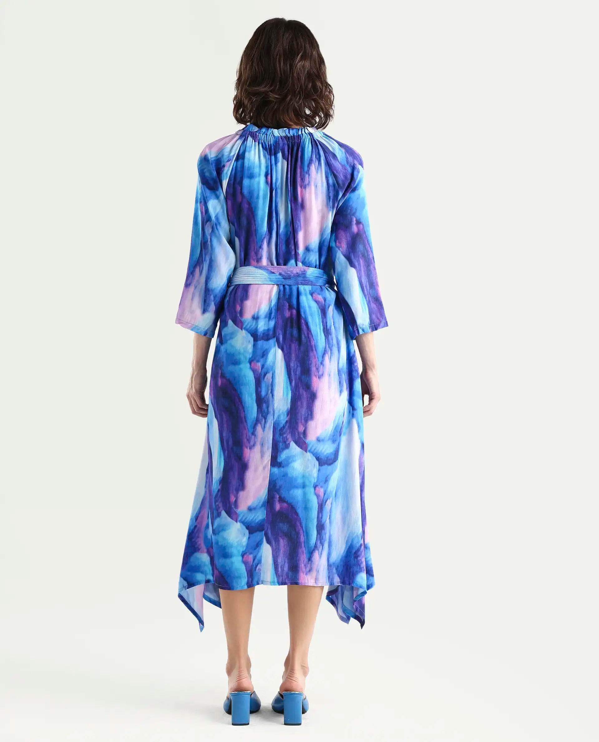 Rareism Womens Safol Multi Dress Poly Viscose Fabric Full Sleeve Tie Up Neck