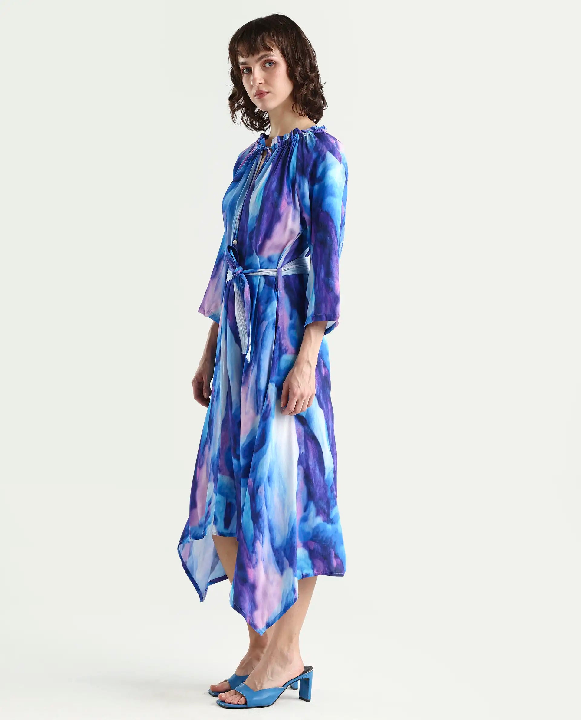 Rareism Womens Safol Multi Dress Poly Viscose Fabric Full Sleeve Tie Up Neck