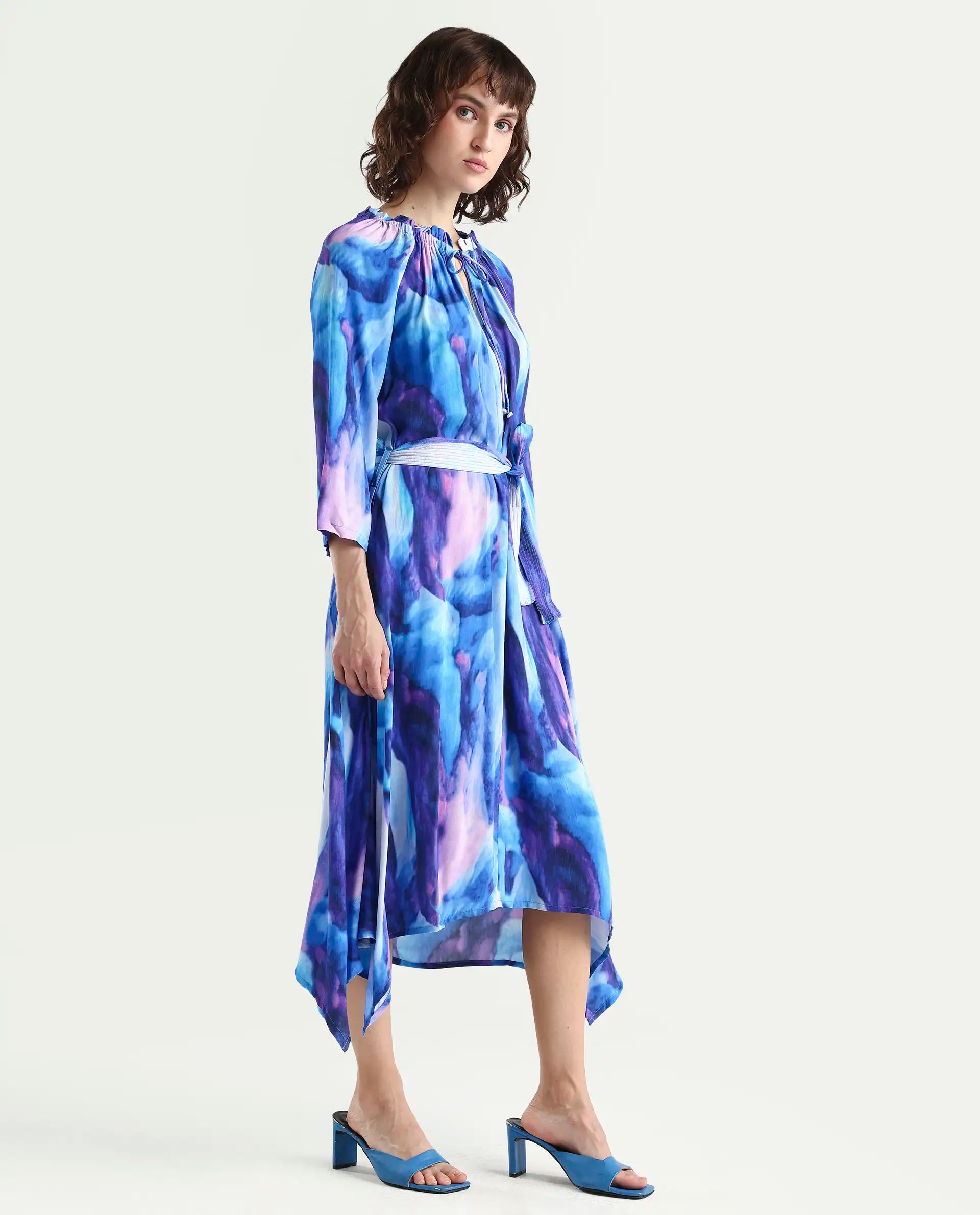 Rareism Womens Safol Multi Dress Poly Viscose Fabric Full Sleeve Tie Up Neck
