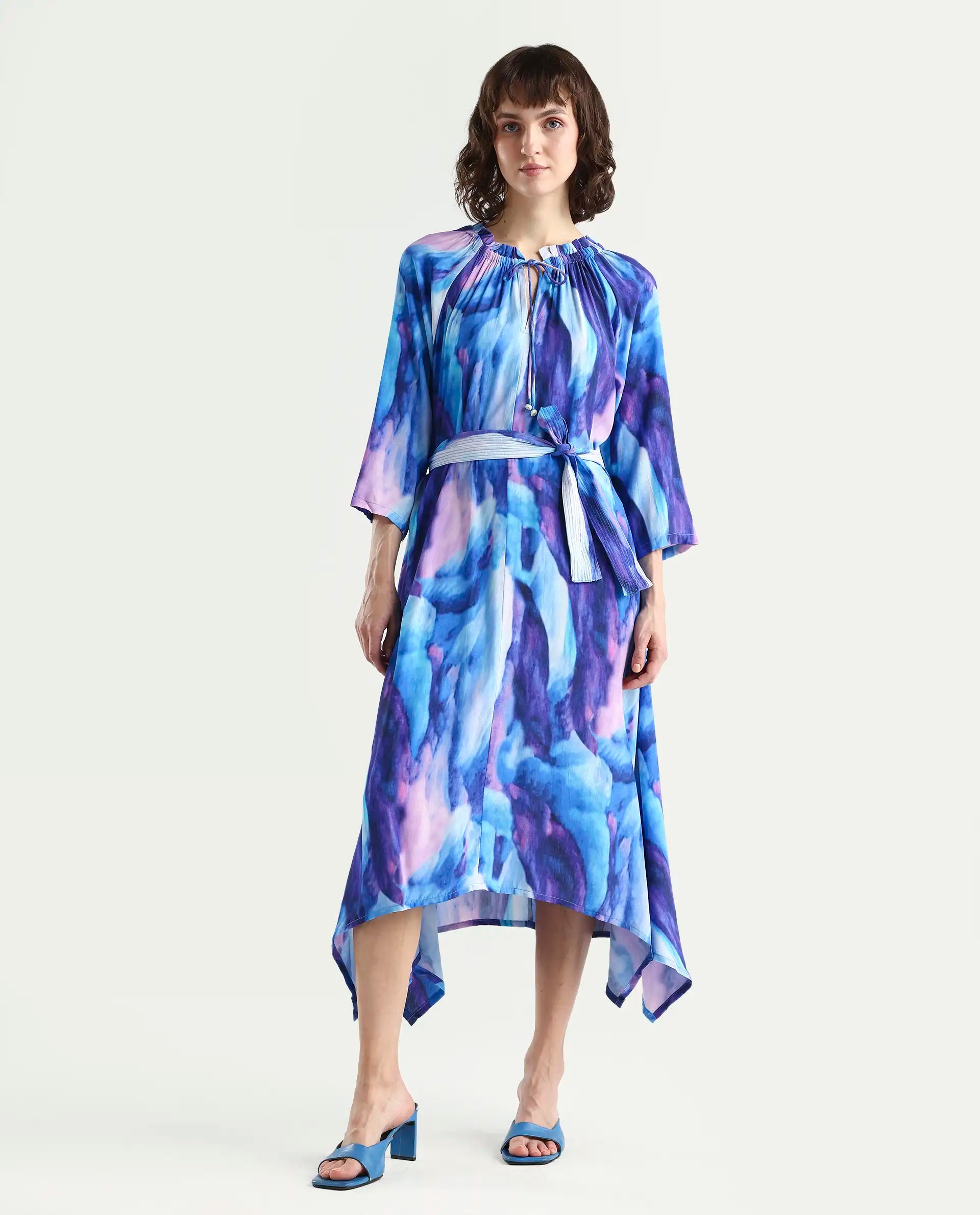 Rareism Womens Safol Multi Dress Poly Viscose Fabric Full Sleeve Tie Up Neck