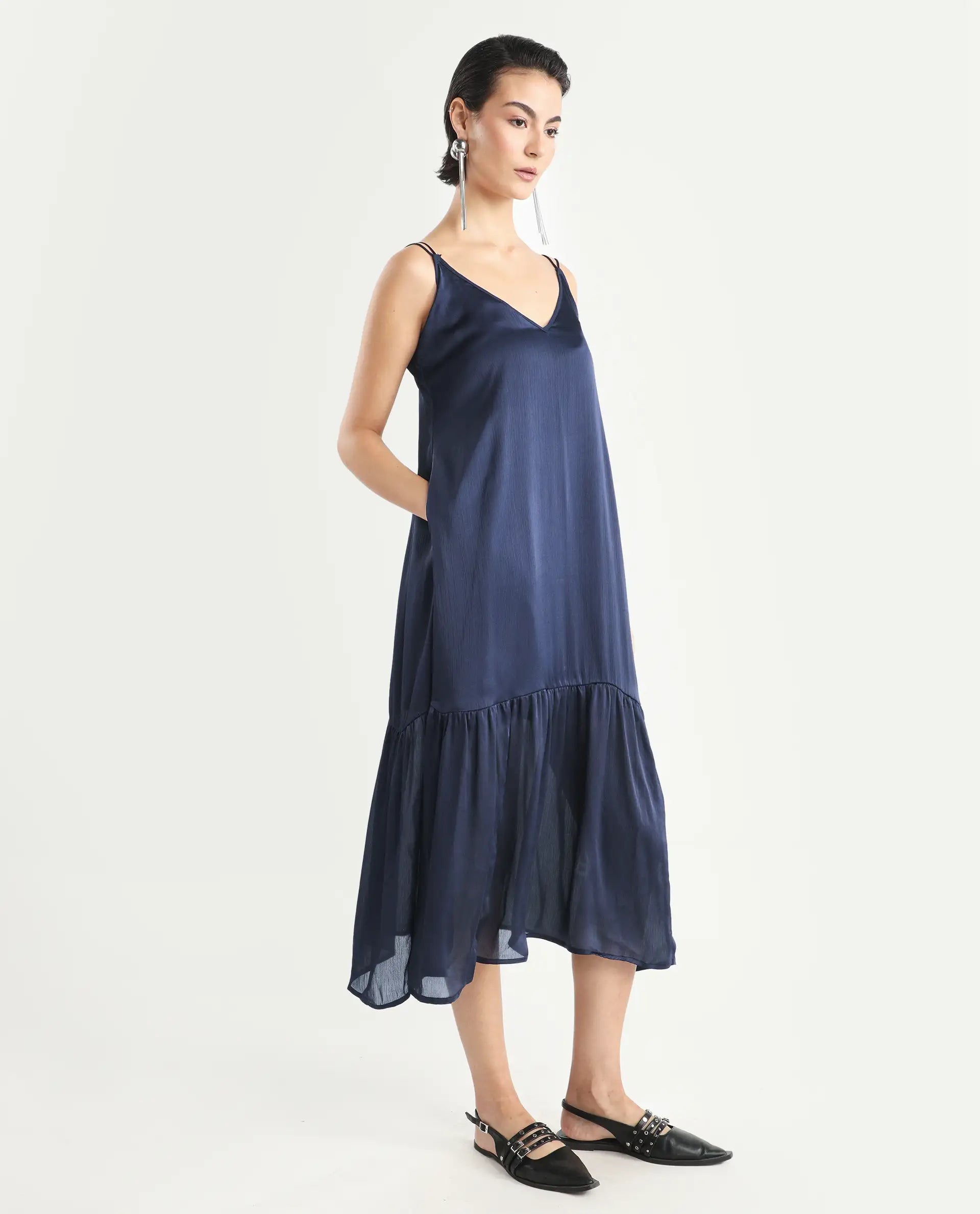 Rareism Women's Tint Navy Polyester V-Neck Plain Shoulder Strap Knee Length Regular Fit Dress