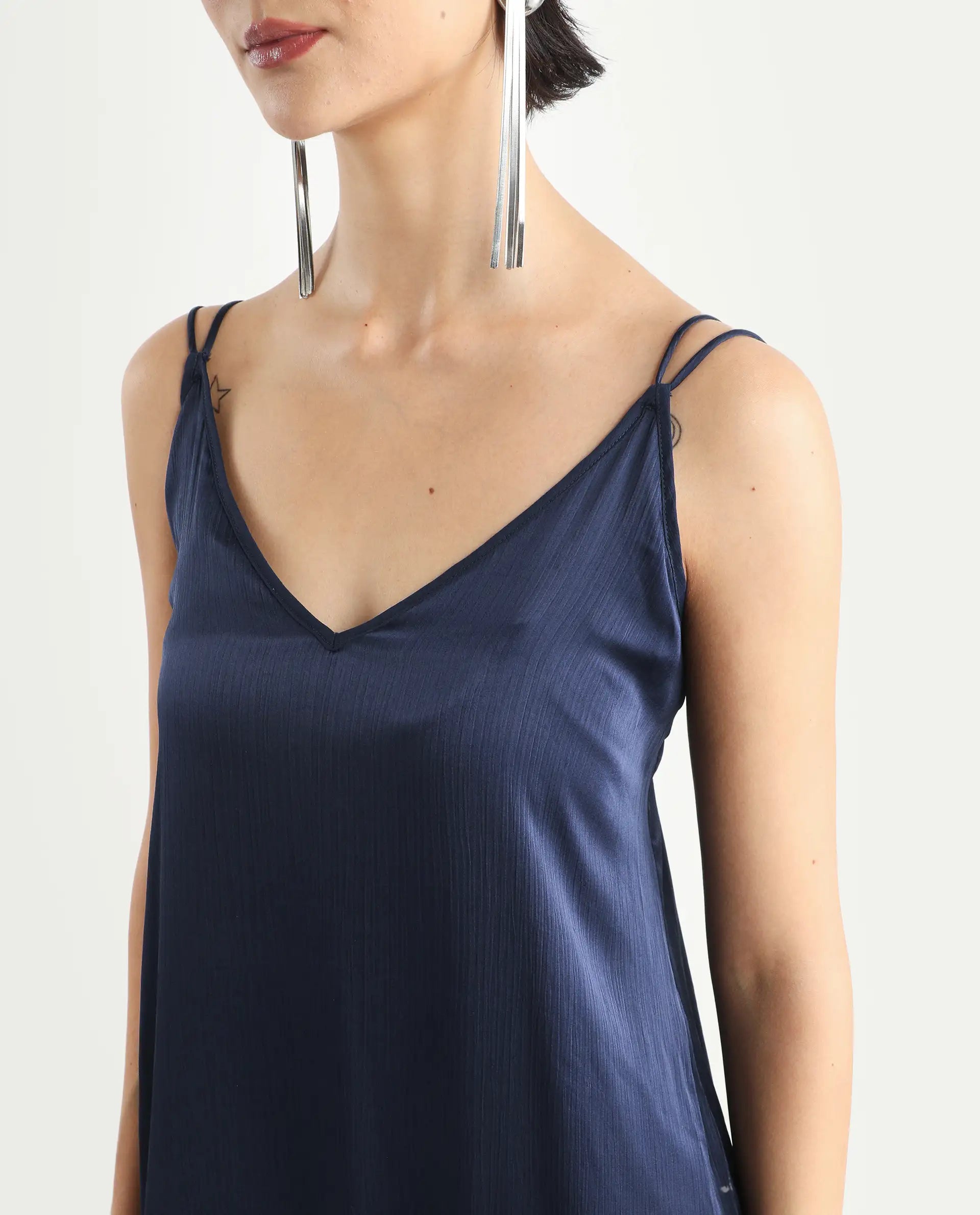 Rareism Women's Tint Navy Polyester V-Neck Plain Shoulder Strap Knee Length Regular Fit Dress