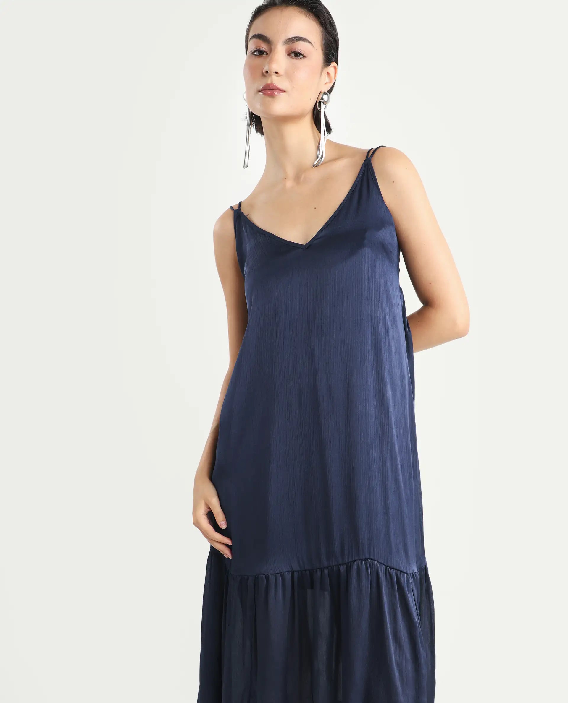 Rareism Women's Tint Navy Polyester V-Neck Plain Shoulder Strap Knee Length Regular Fit Dress
