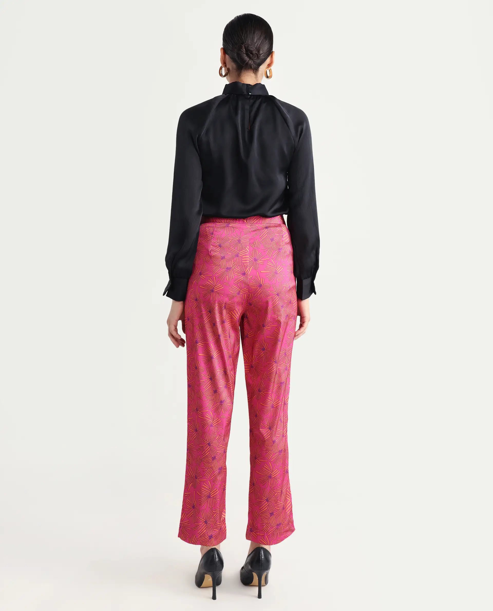 Rareism Women's Catepil Pink Modal Geometric Print Ankle Length Tailored Trouser