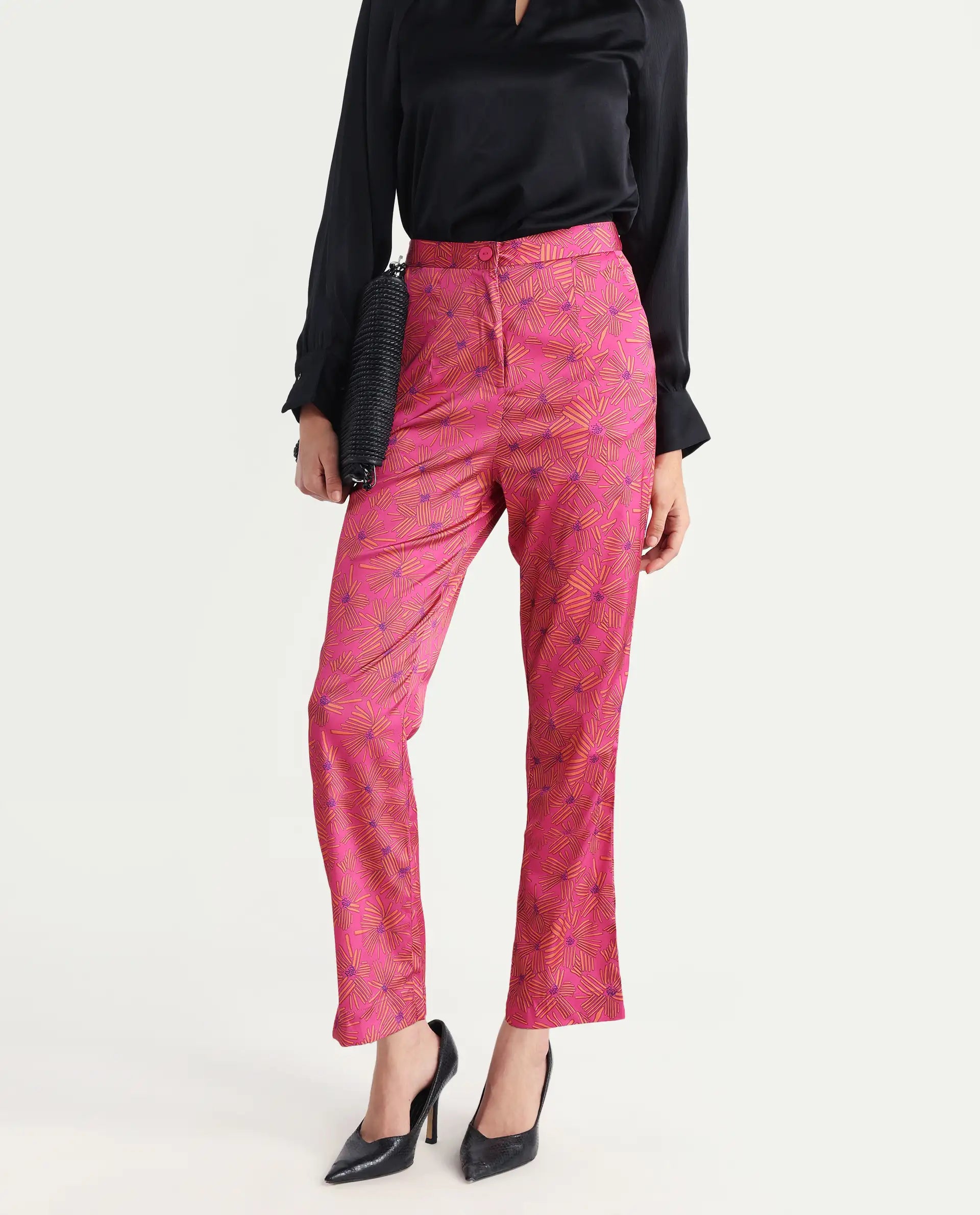 Rareism Women's Catepil Pink Modal Geometric Print Ankle Length Tailored Trouser