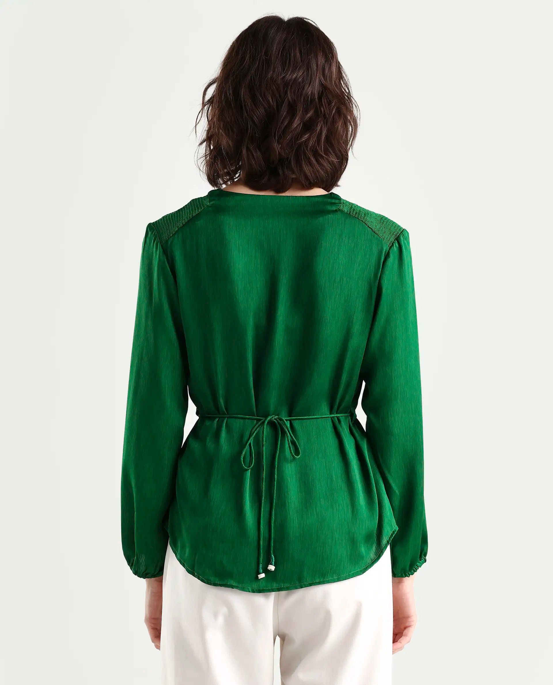 Rareism Womens Dronite Green Top Polyester Fabric Full Sleeve V Neck