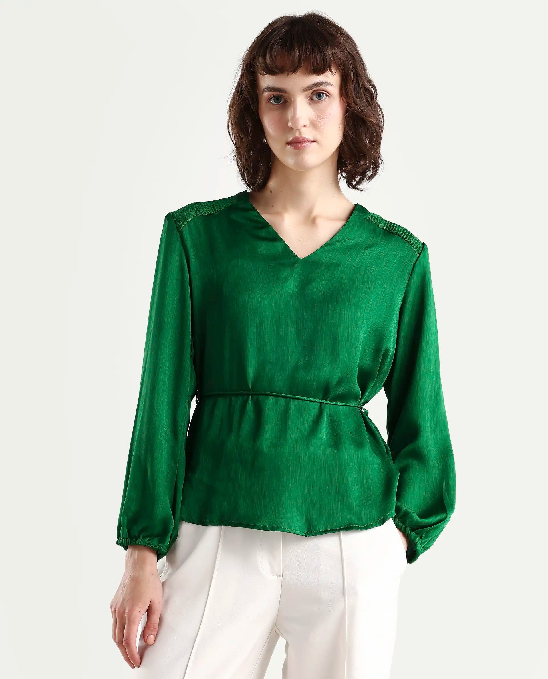 Rareism Womens Dronite Green Top Polyester Fabric Full Sleeve V Neck