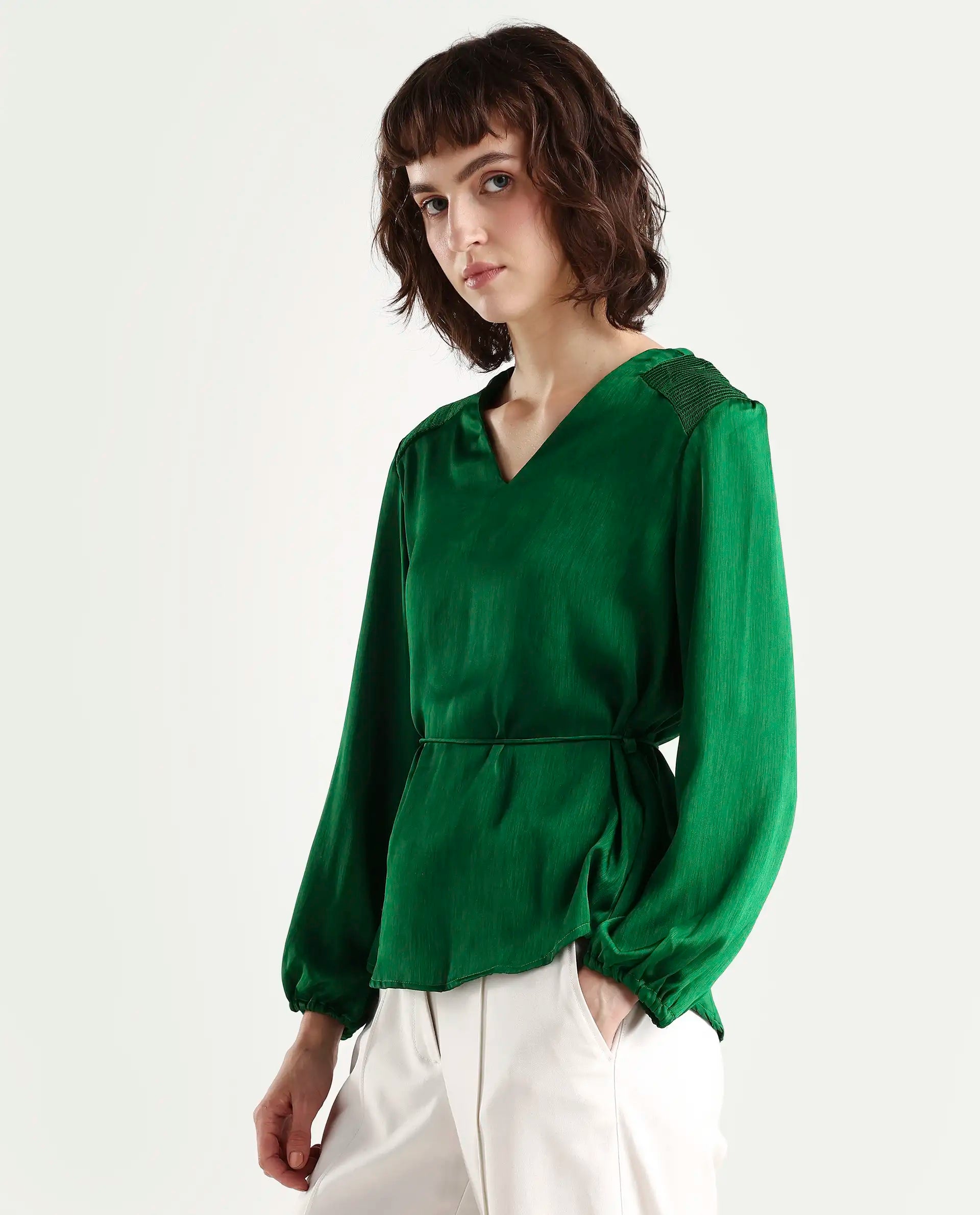 Rareism Womens Dronite Green Top Polyester Fabric Full Sleeve V Neck