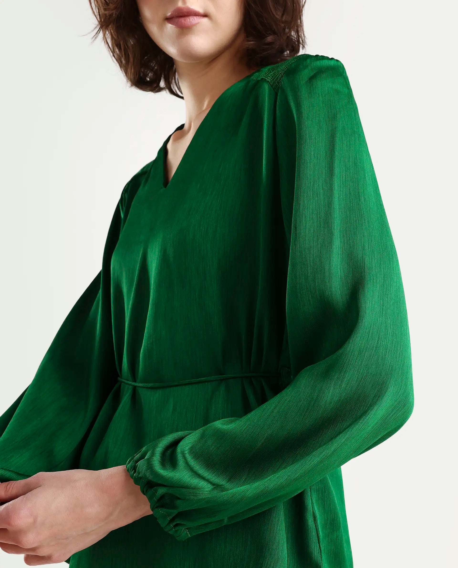 Rareism Womens Dronite Green Top Polyester Fabric Full Sleeve V Neck