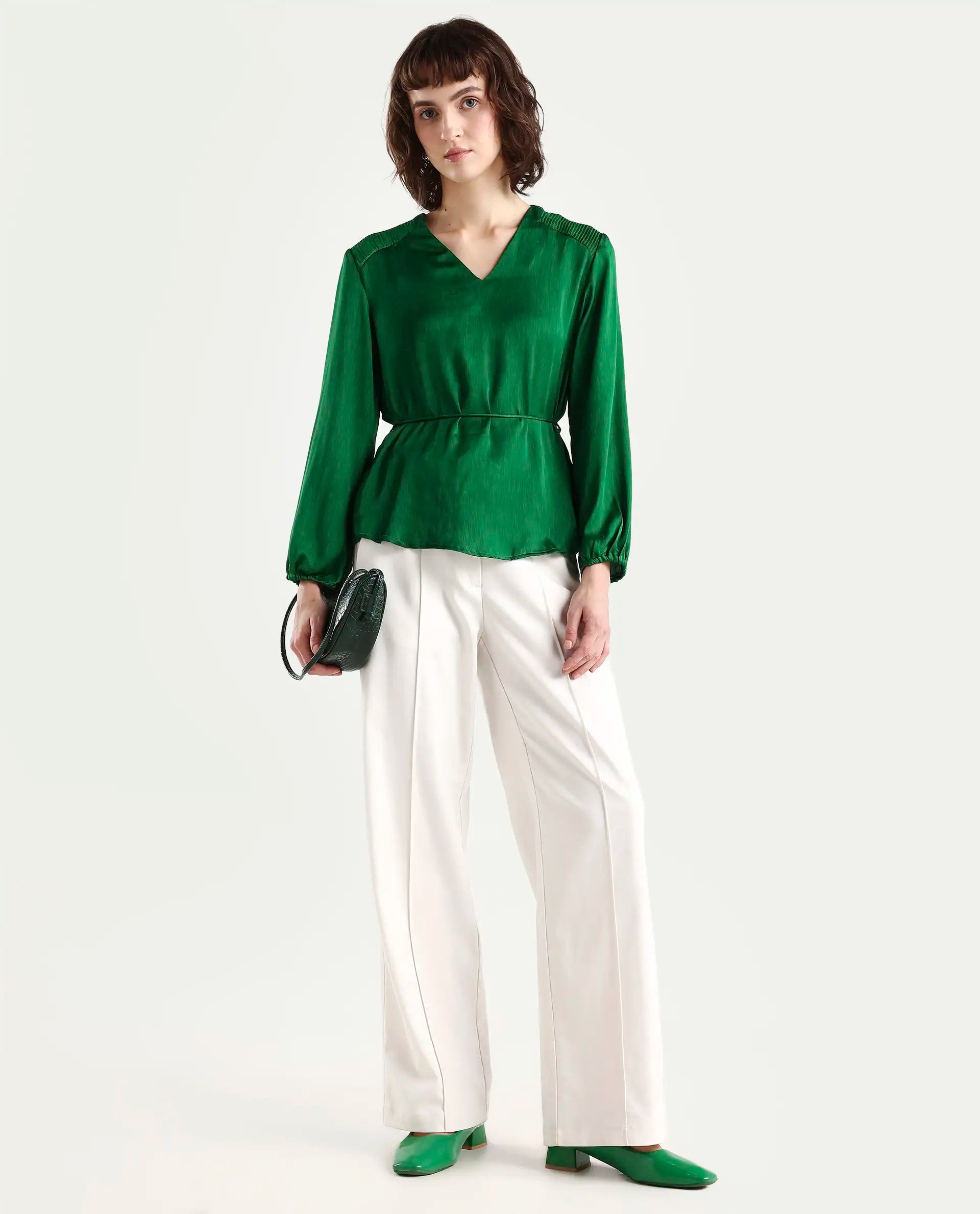 Rareism Womens Dronite Green Top Polyester Fabric Full Sleeve V Neck
