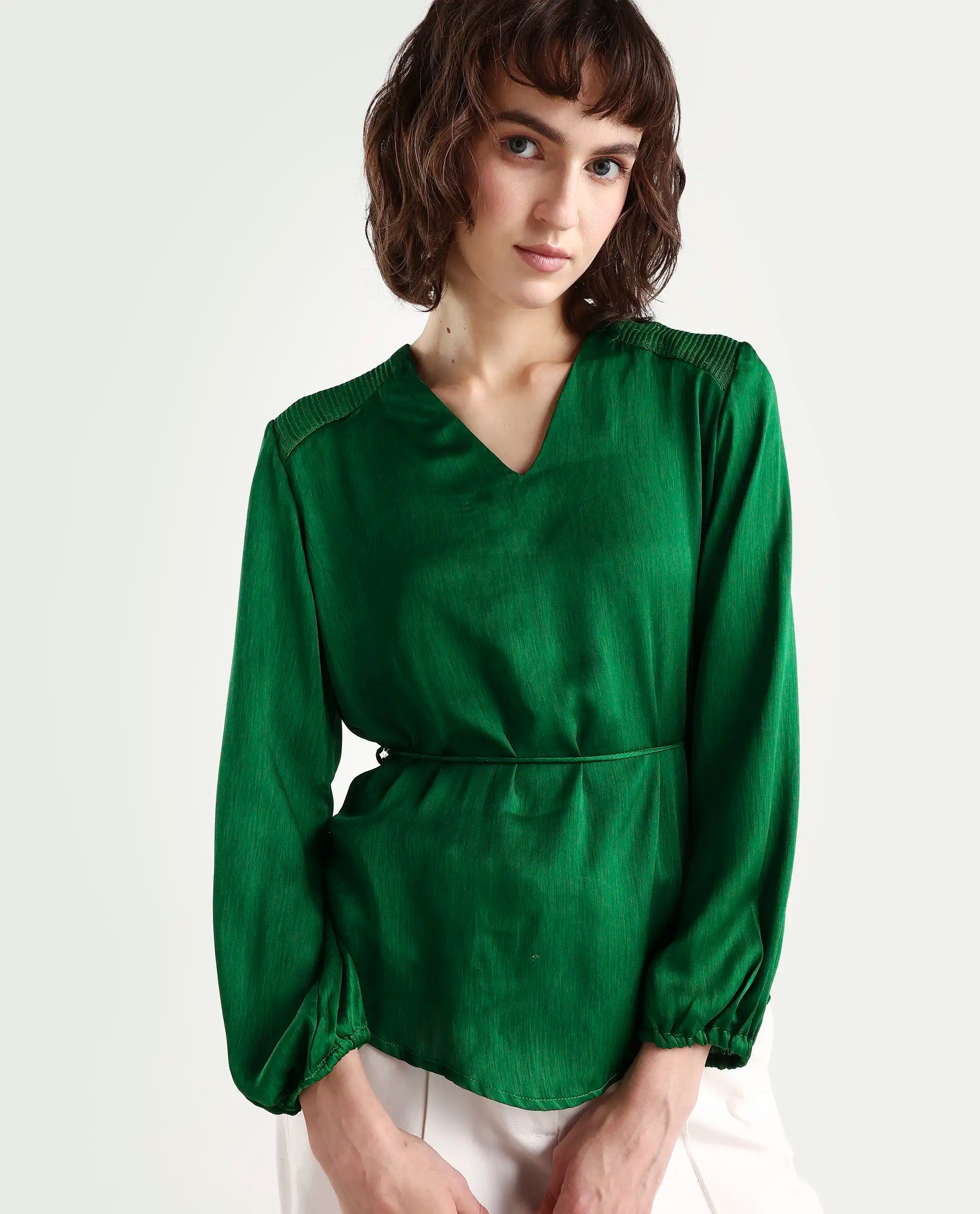 Rareism Womens Dronite Green Top Polyester Fabric Full Sleeve V Neck