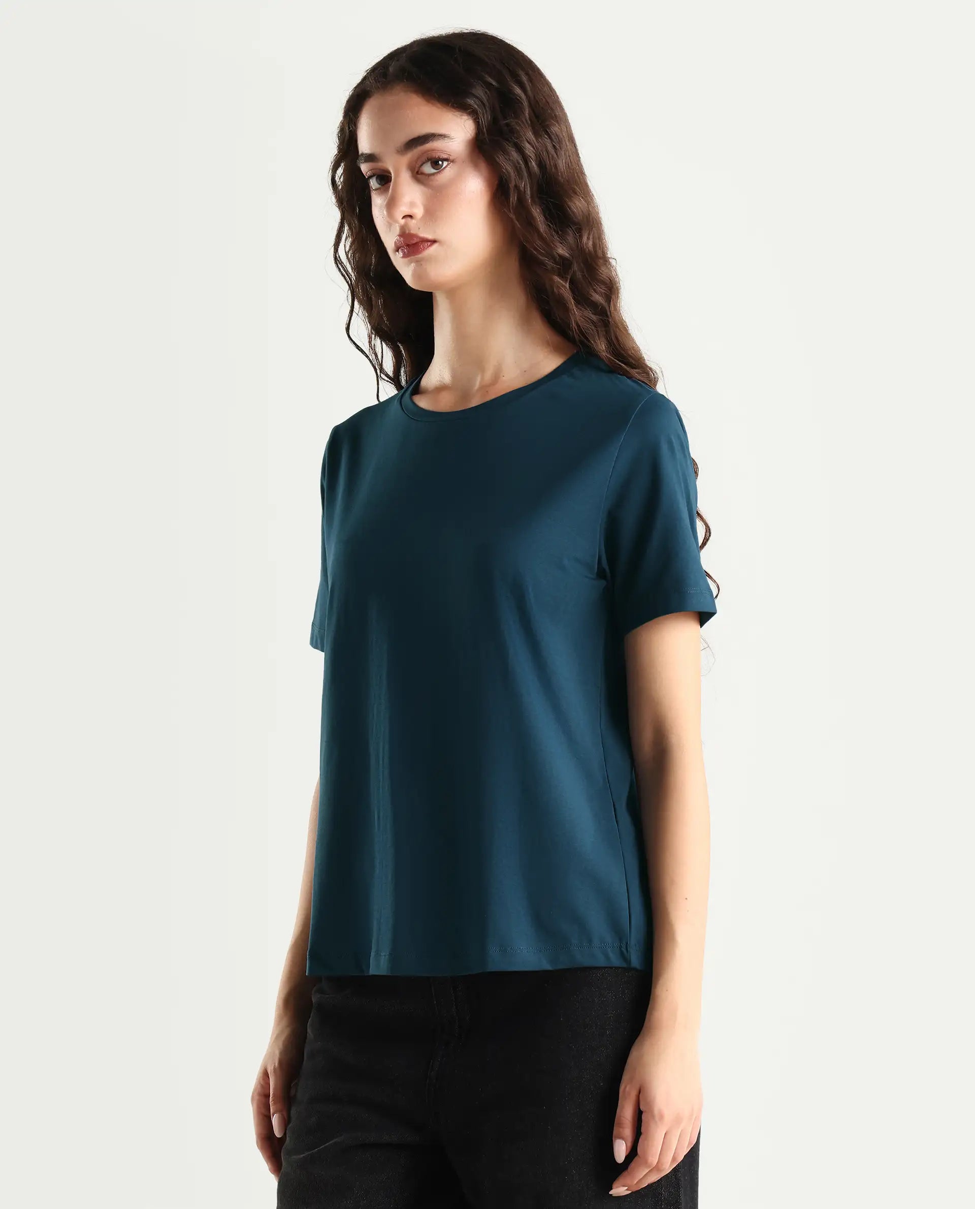 Rareism Women's Light Weight High Stretch 180 Gsm Cotton Crew Neck Plain Regular Fit T-Shirt