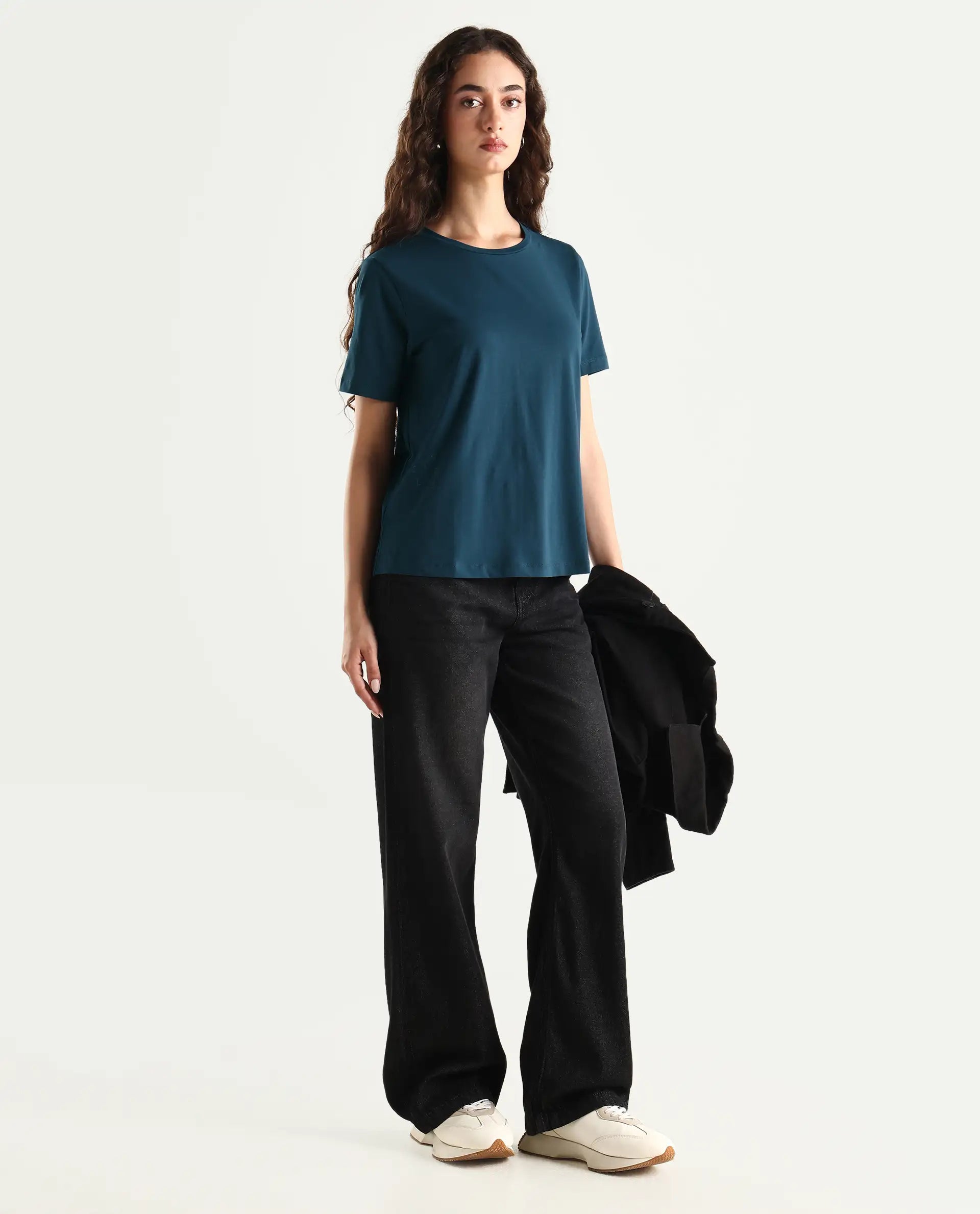 Rareism Women's Light Weight High Stretch 180 Gsm Cotton Crew Neck Plain Regular Fit T-Shirt