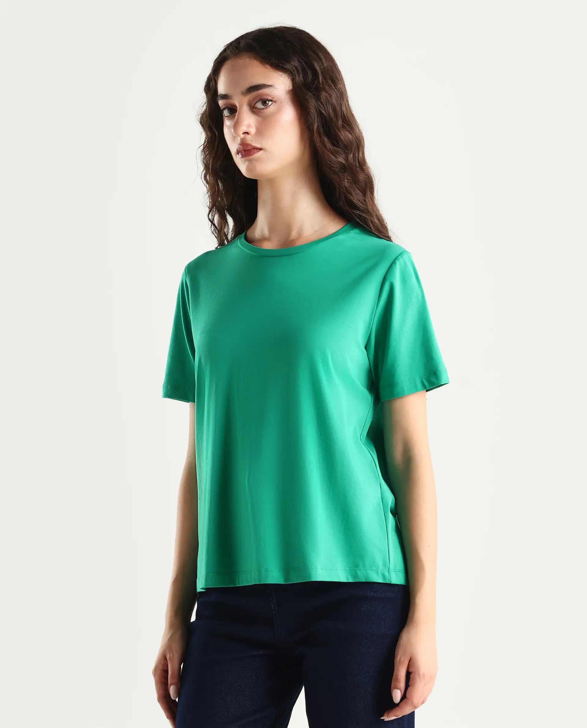 Rareism Women's Light Weight High Stretch 180 Gsm Cotton Crew Neck Plain Regular Fit T-Shirt