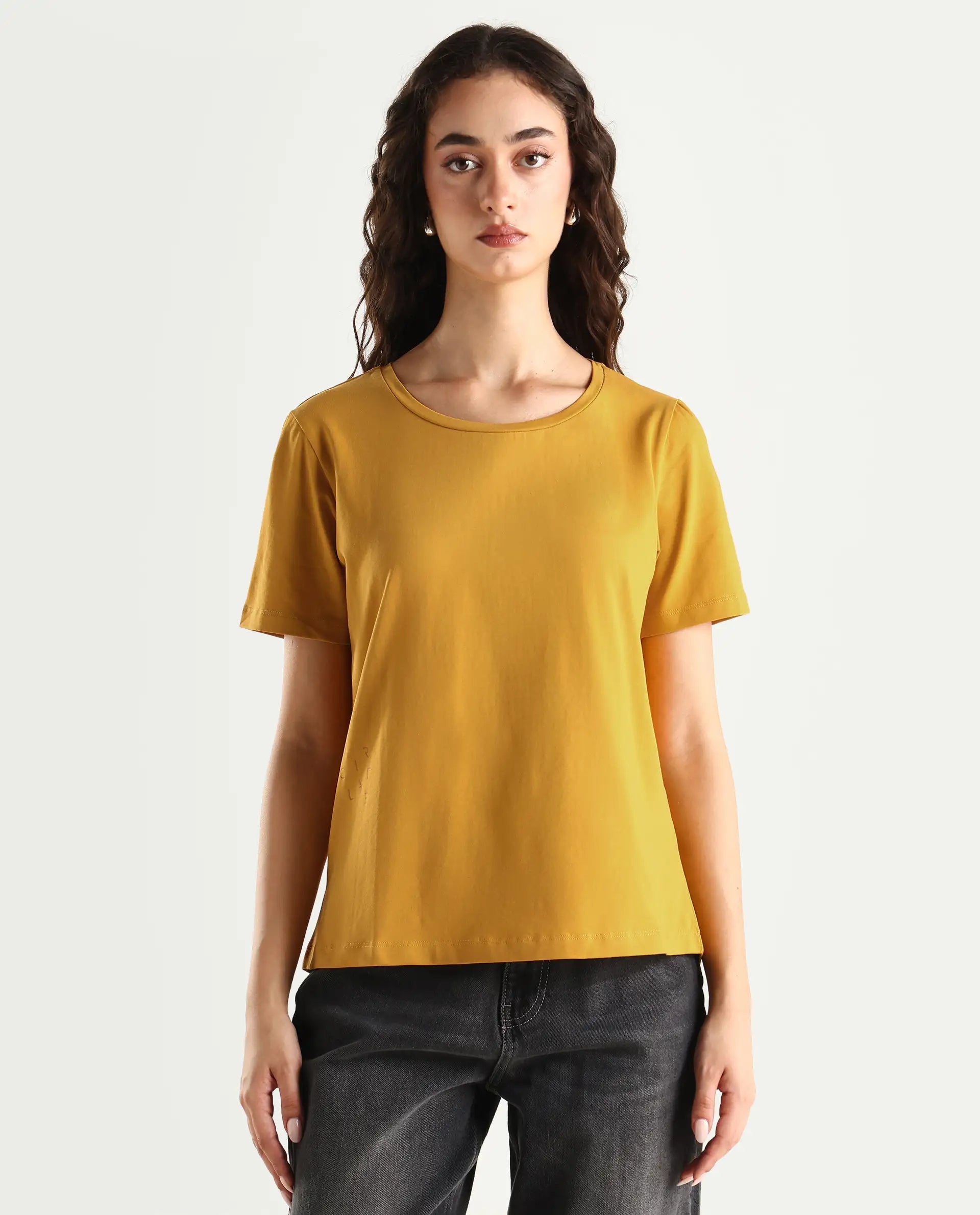 Rareism Women's Light Weight High Stretch 180 Gsm Cotton Crew Neck Plain Regular Fit T-Shirt