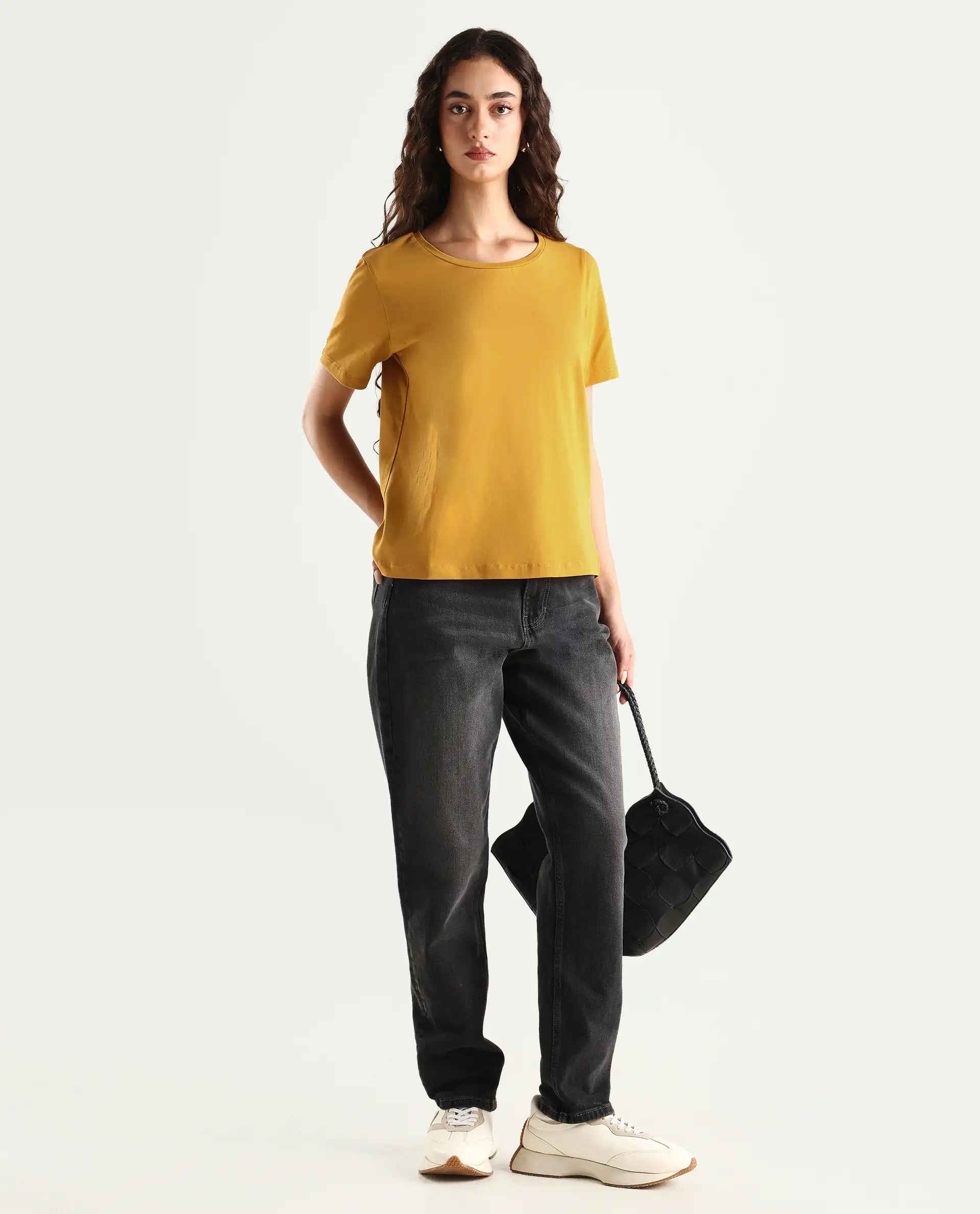 Rareism Women's Light Weight High Stretch 180 Gsm Cotton Crew Neck Plain Regular Fit T-Shirt