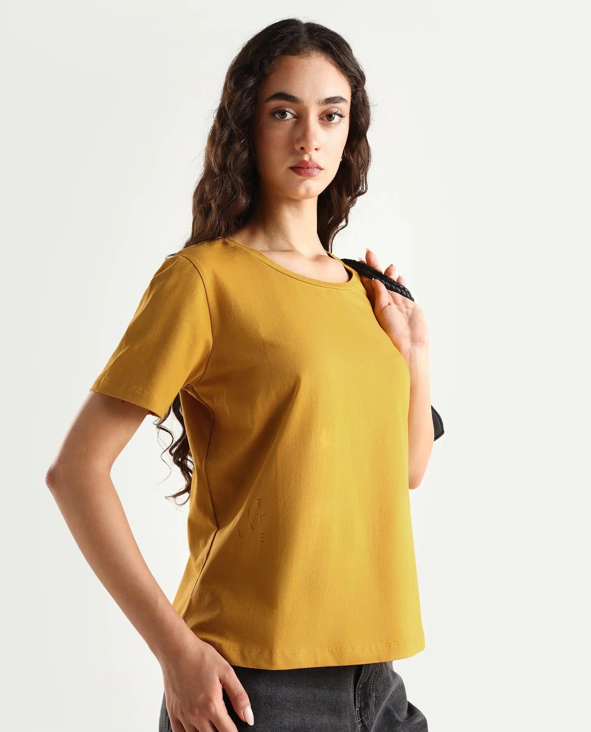 Rareism Women's Light Weight High Stretch 180 Gsm Cotton Crew Neck Plain Regular Fit T-Shirt