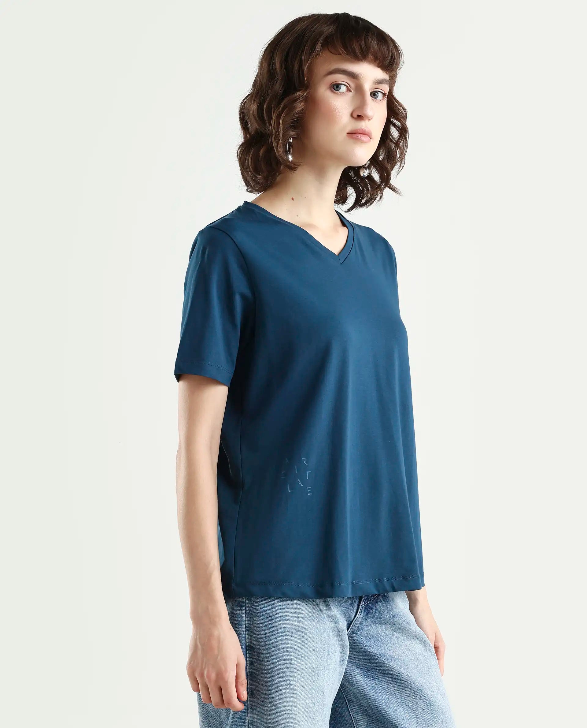 Rareism Women's Light Weight High Stretch 180 Gsm Cotton V-Neck Plain Regular Fit T-Shirt
