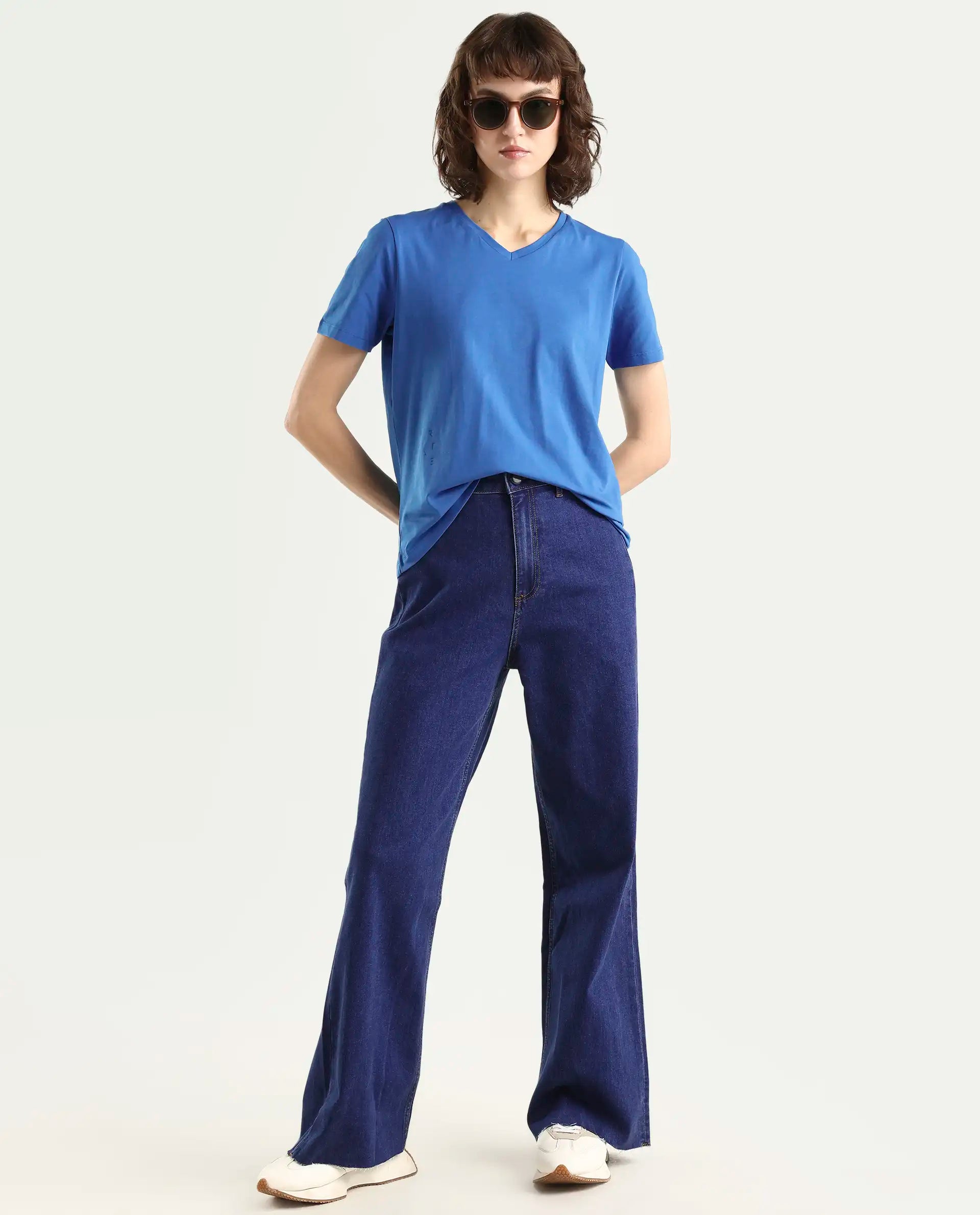 Rareism Women's Light Weight High Stretch 180 Gsm Cotton V-Neck Plain Regular Fit T-Shirt