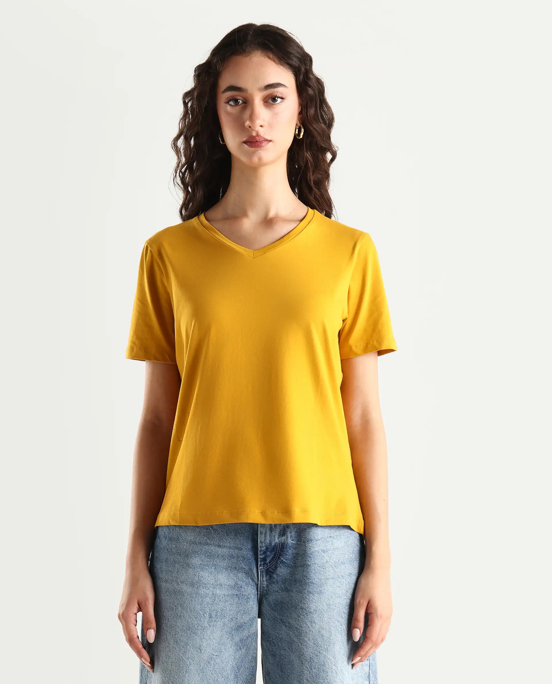 Rareism Women's Light Weight High Stretch 180 Gsm Cotton V-Neck Plain Regular Fit T-Shirt