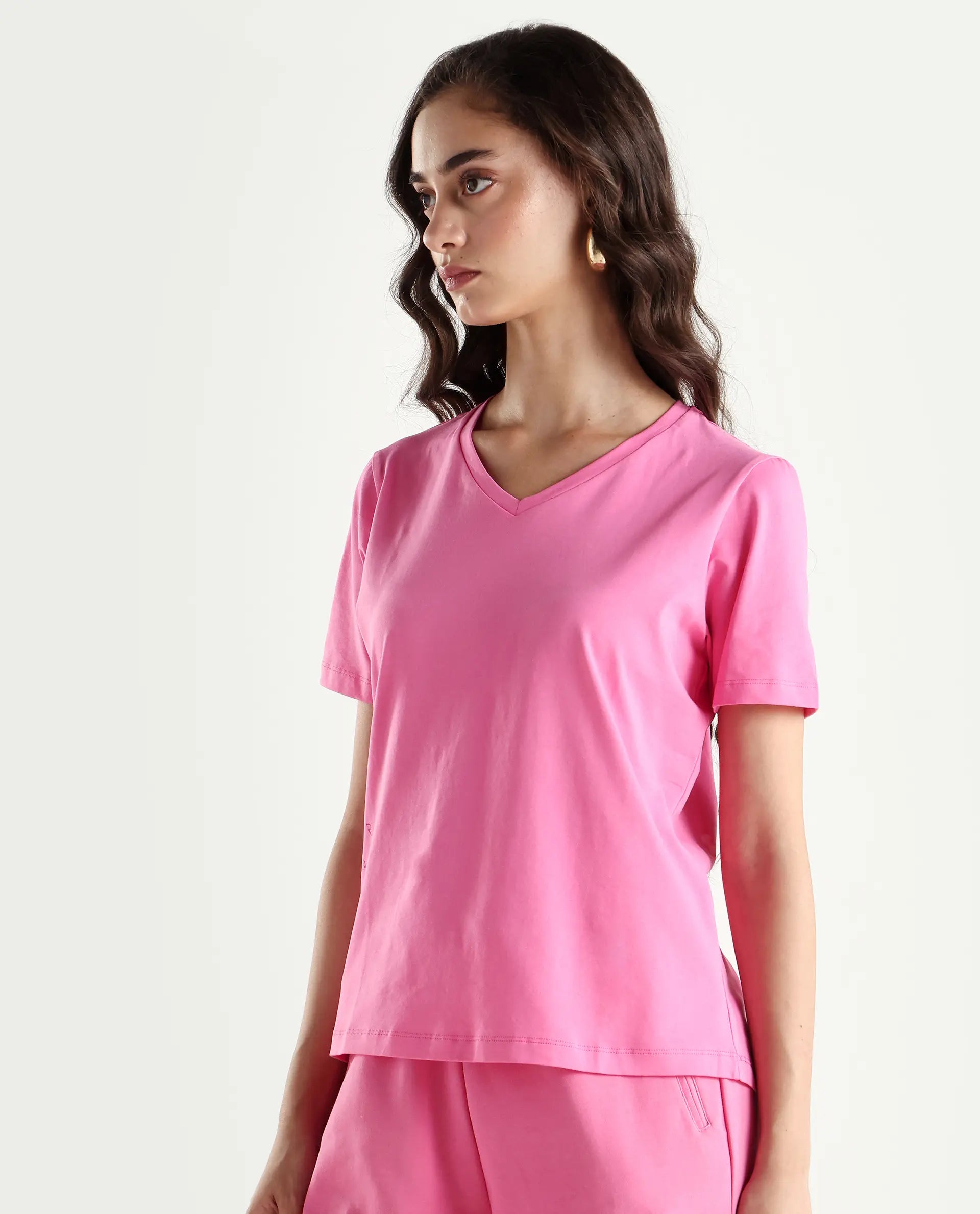 Rareism Women's Light Weight High Stretch 180 Gsm Cotton V-Neck Plain Regular Fit T-Shirt