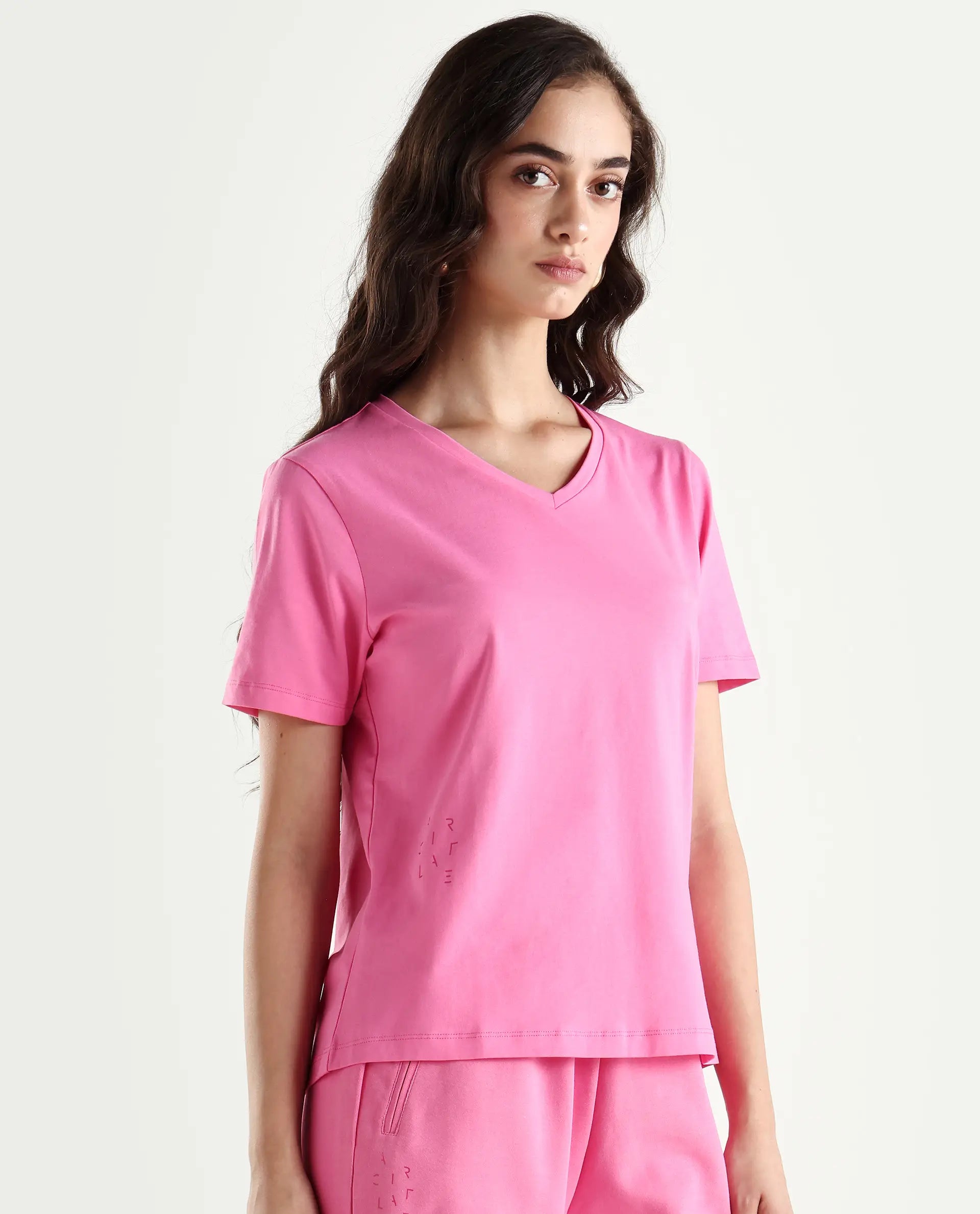 Rareism Women's Light Weight High Stretch 180 Gsm Cotton V-Neck Plain Regular Fit T-Shirt