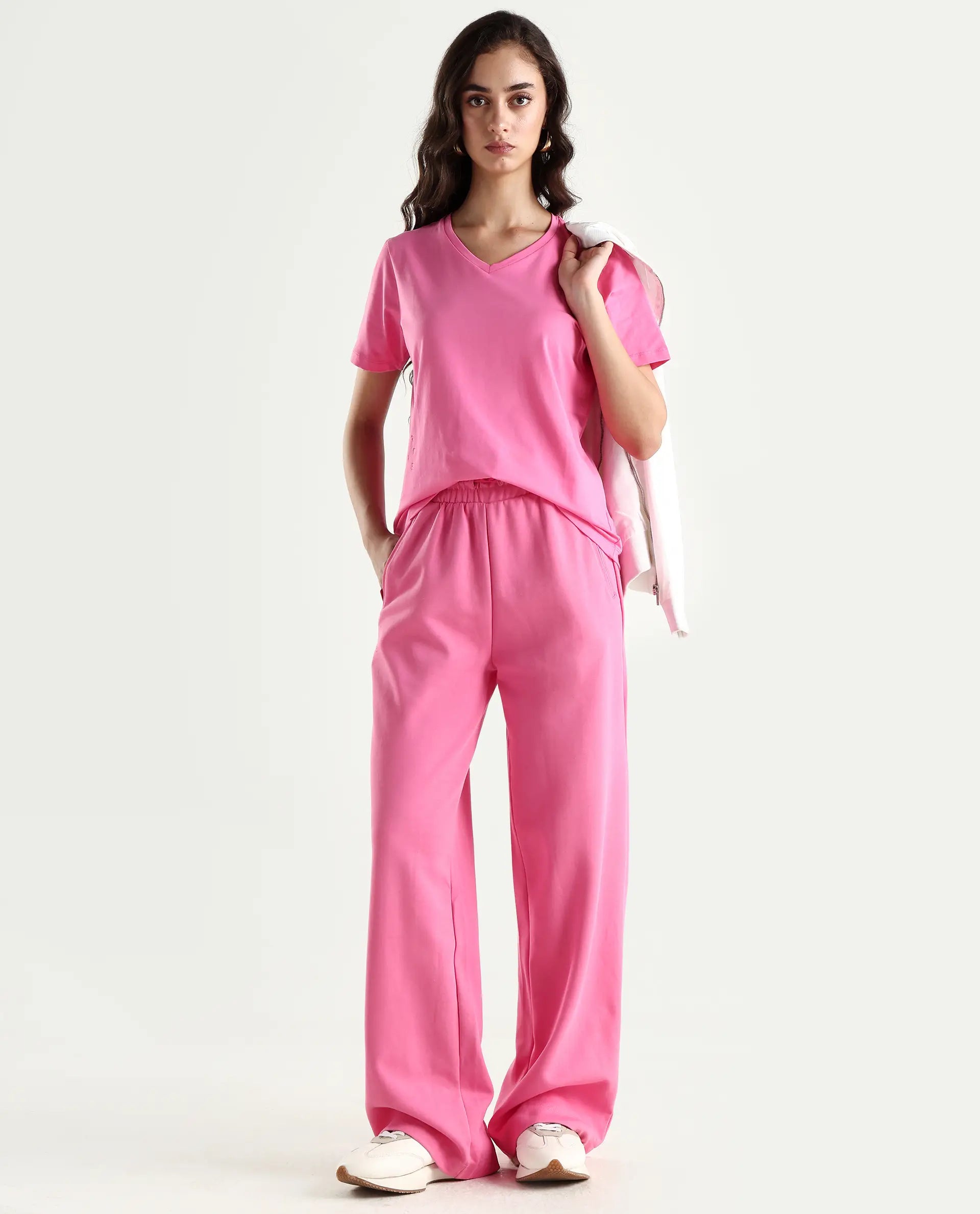 Rareism Women's Light Weight High Stretch 180 Gsm Cotton V-Neck Plain Regular Fit T-Shirt