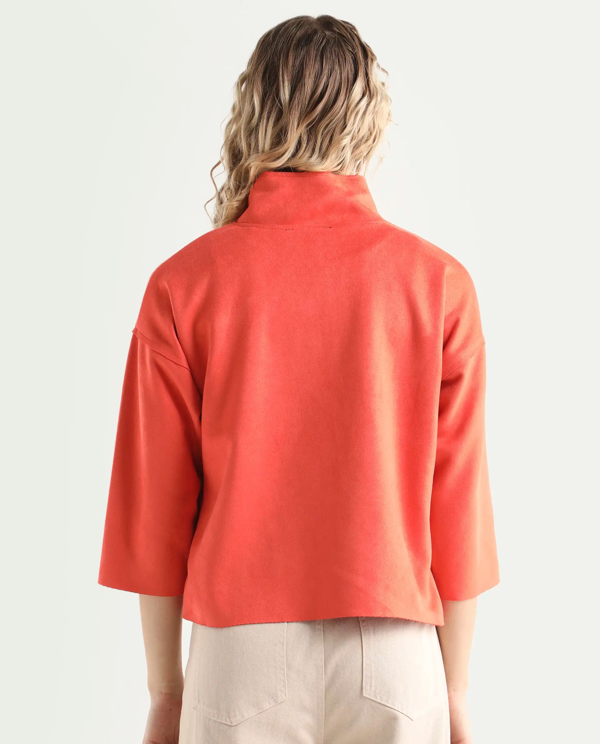 Rareism Women's Vasu Orange Polyester High Neck Plain Regular Fit Jacket