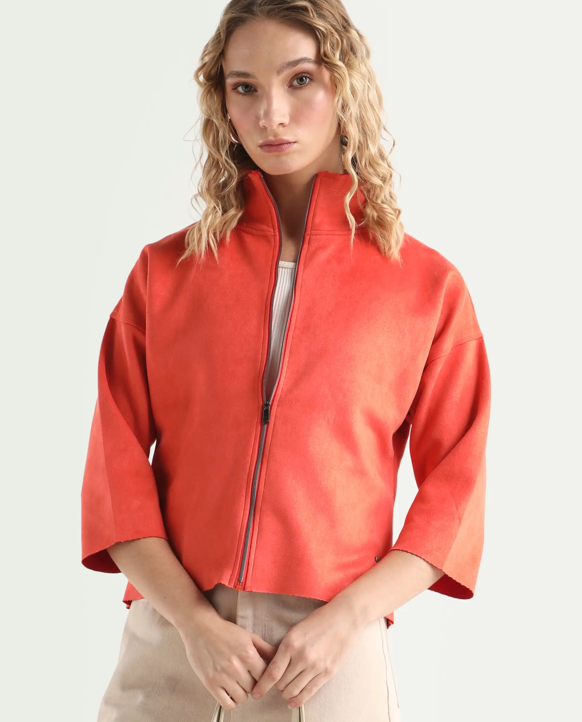 Rareism Women's Vasu Orange Polyester High Neck Plain Regular Fit Jacket