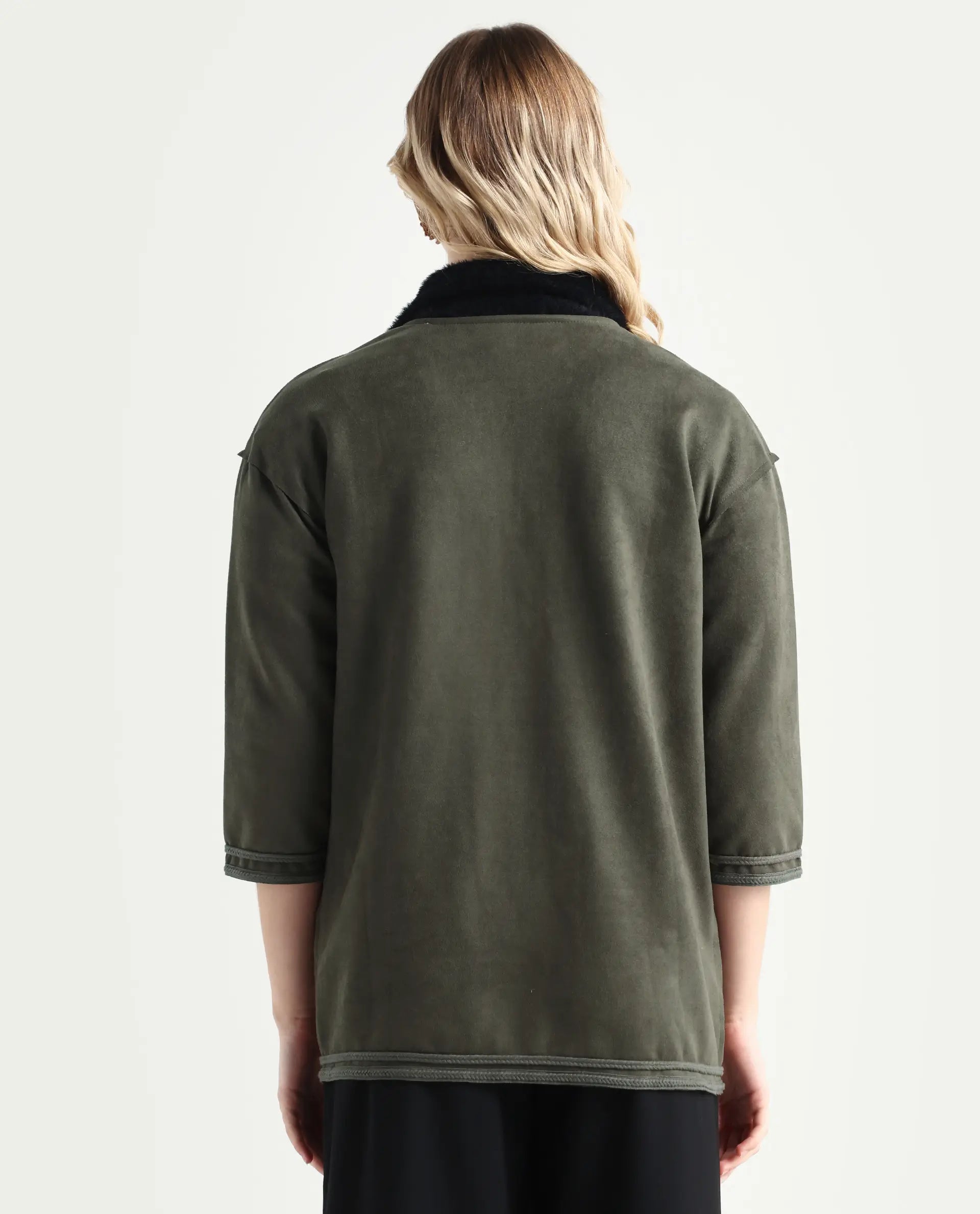 Rareism Women's Square Olive Polyester Boat Neck Plain Regular Fit Jacket