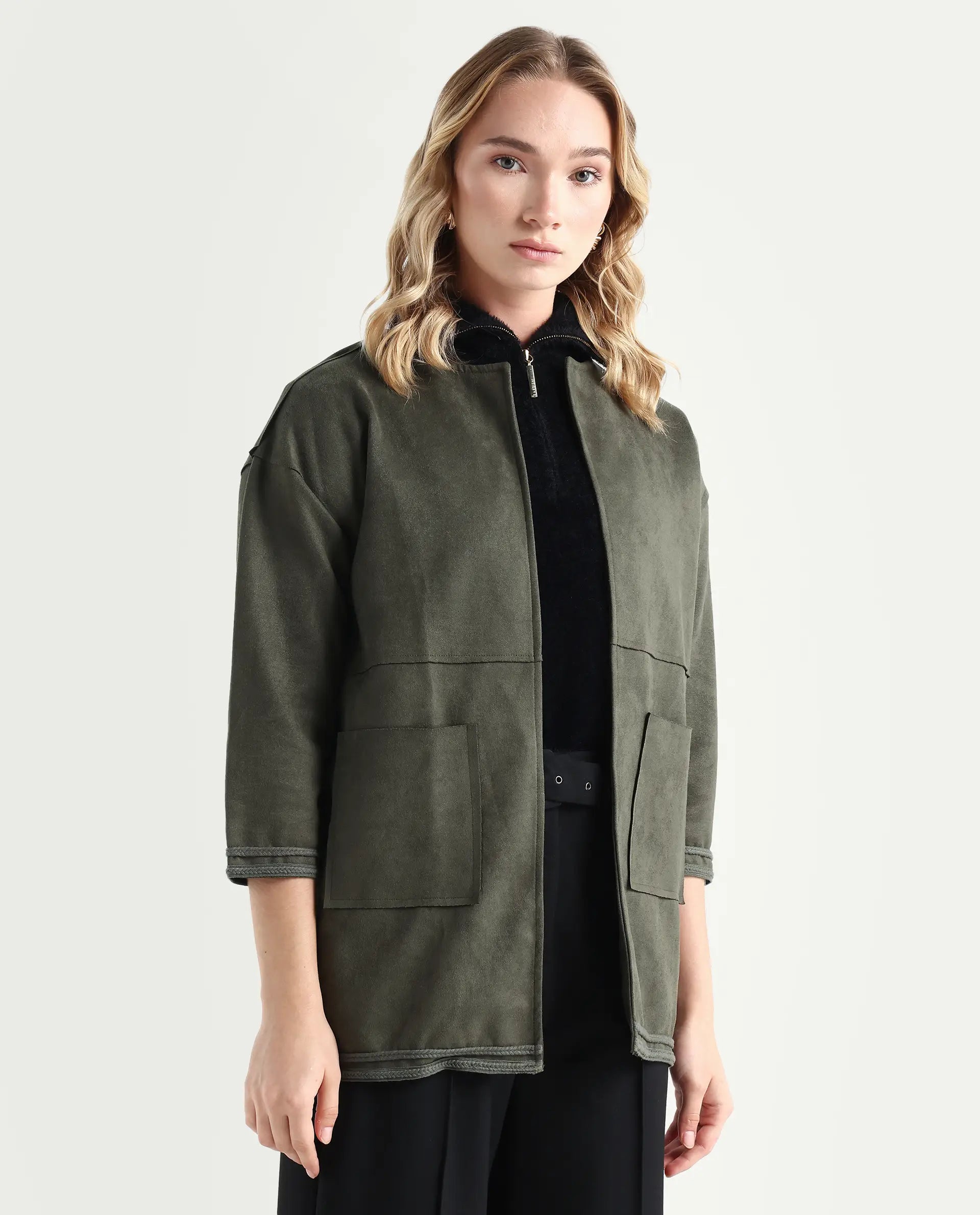 Rareism Women's Square Olive Polyester Boat Neck Plain Regular Fit Jacket