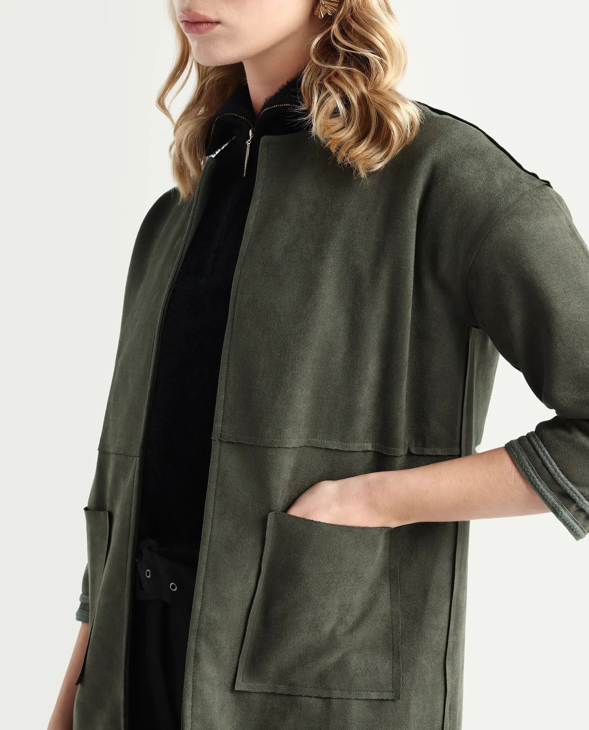 Rareism Women's Square Olive Polyester Boat Neck Plain Regular Fit Jacket