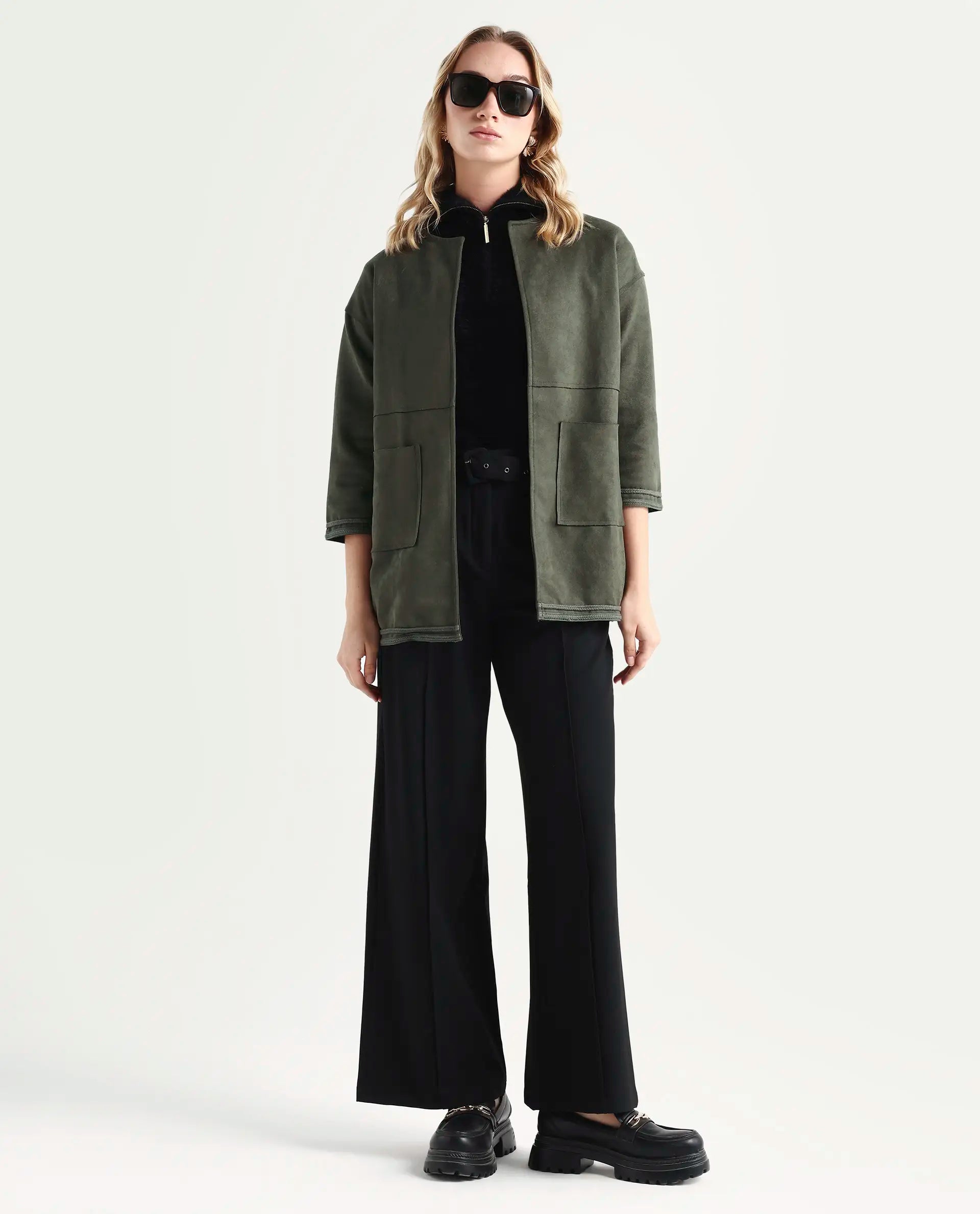 Rareism Women's Square Olive Polyester Boat Neck Plain Regular Fit Jacket