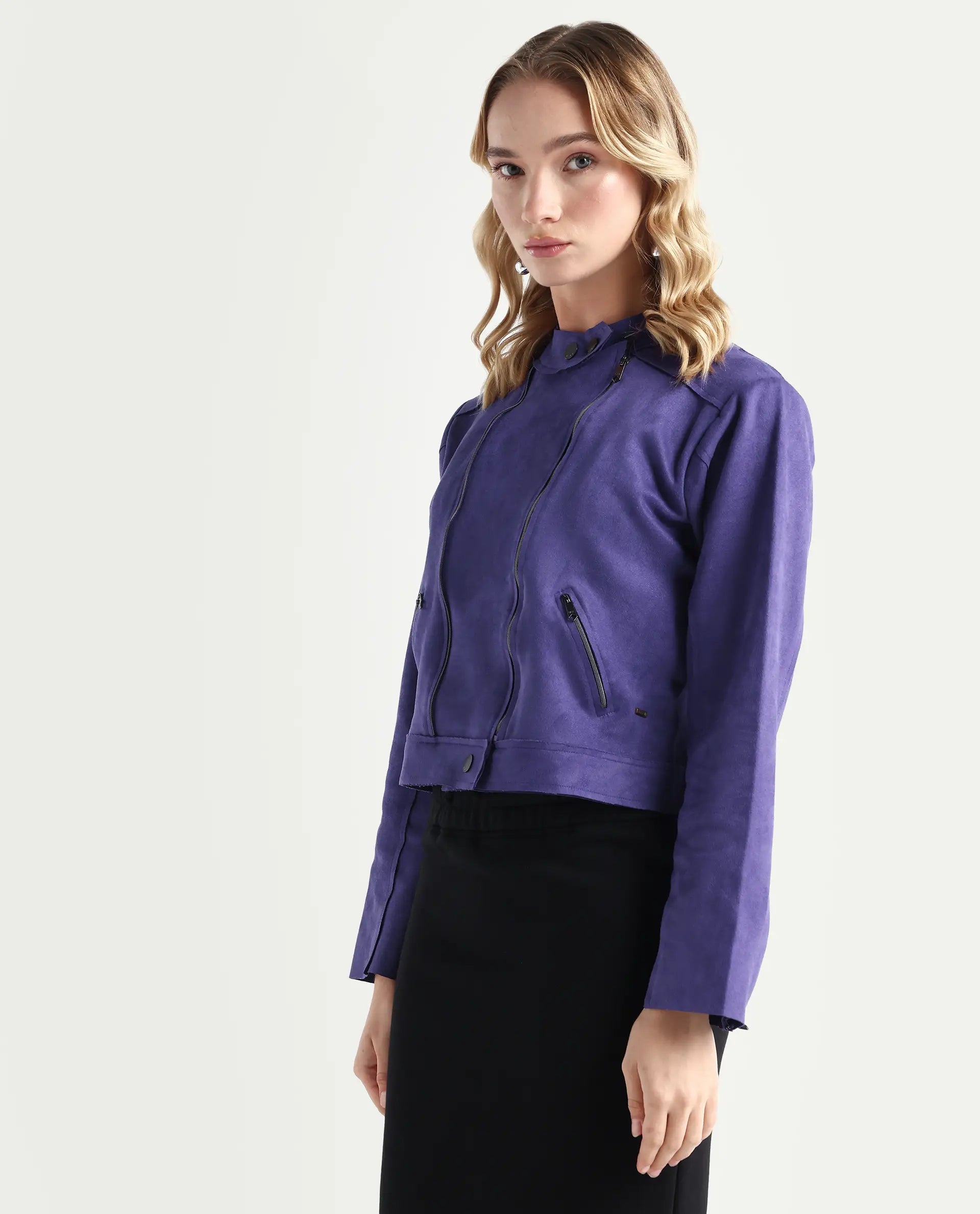 Rareism Women's Everlee Purple Polyester Mandarin Collar Plain Regular Fit Jacket