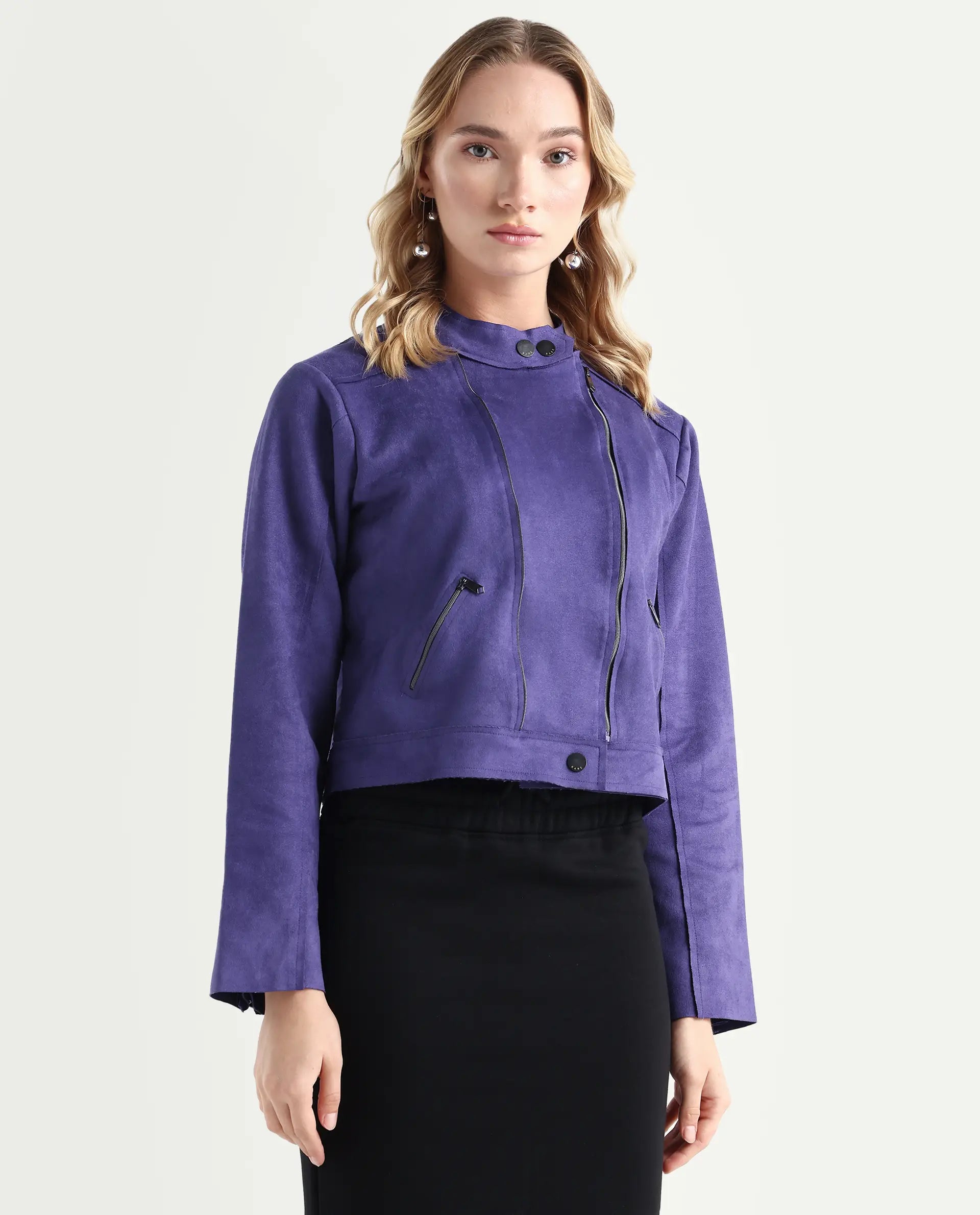 Rareism Women's Everlee Purple Polyester Mandarin Collar Plain Regular Fit Jacket