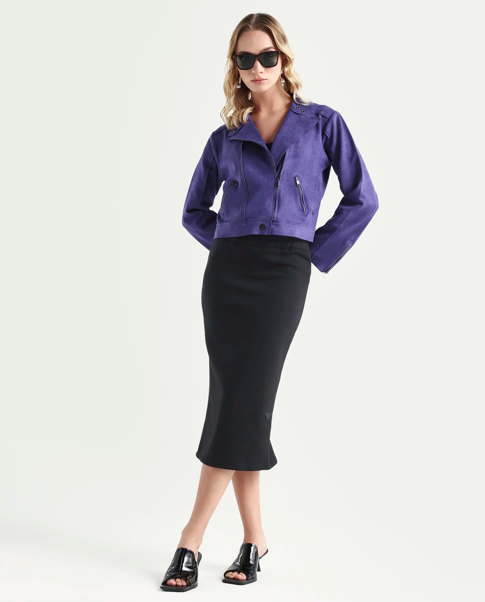 Rareism Women's Everlee Purple Polyester Mandarin Collar Plain Regular Fit Jacket